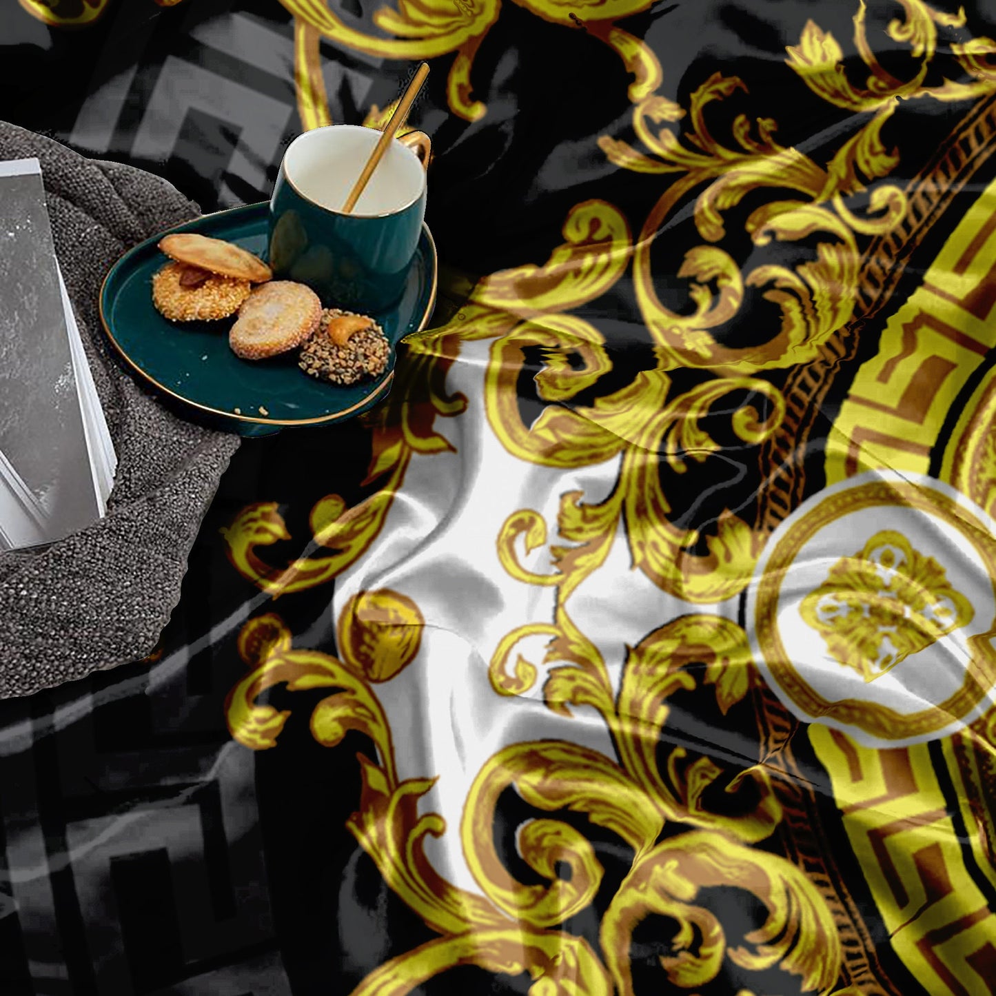 Bedding set "Crete" Baroque Black Yellow White Personalised Romantic design • Reversible design