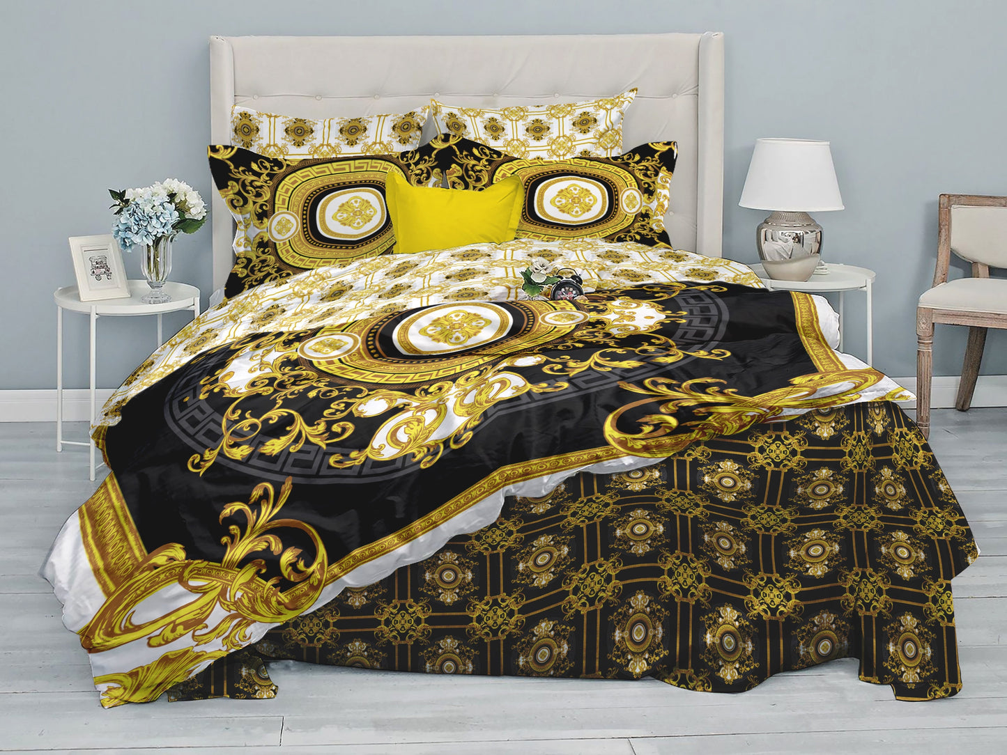 Barroco Negro&Amarillo y blanco Diseño personalizado Juego de cama • Diseño reversible • Algodón • microfibra • seda sintética • TU LOGO