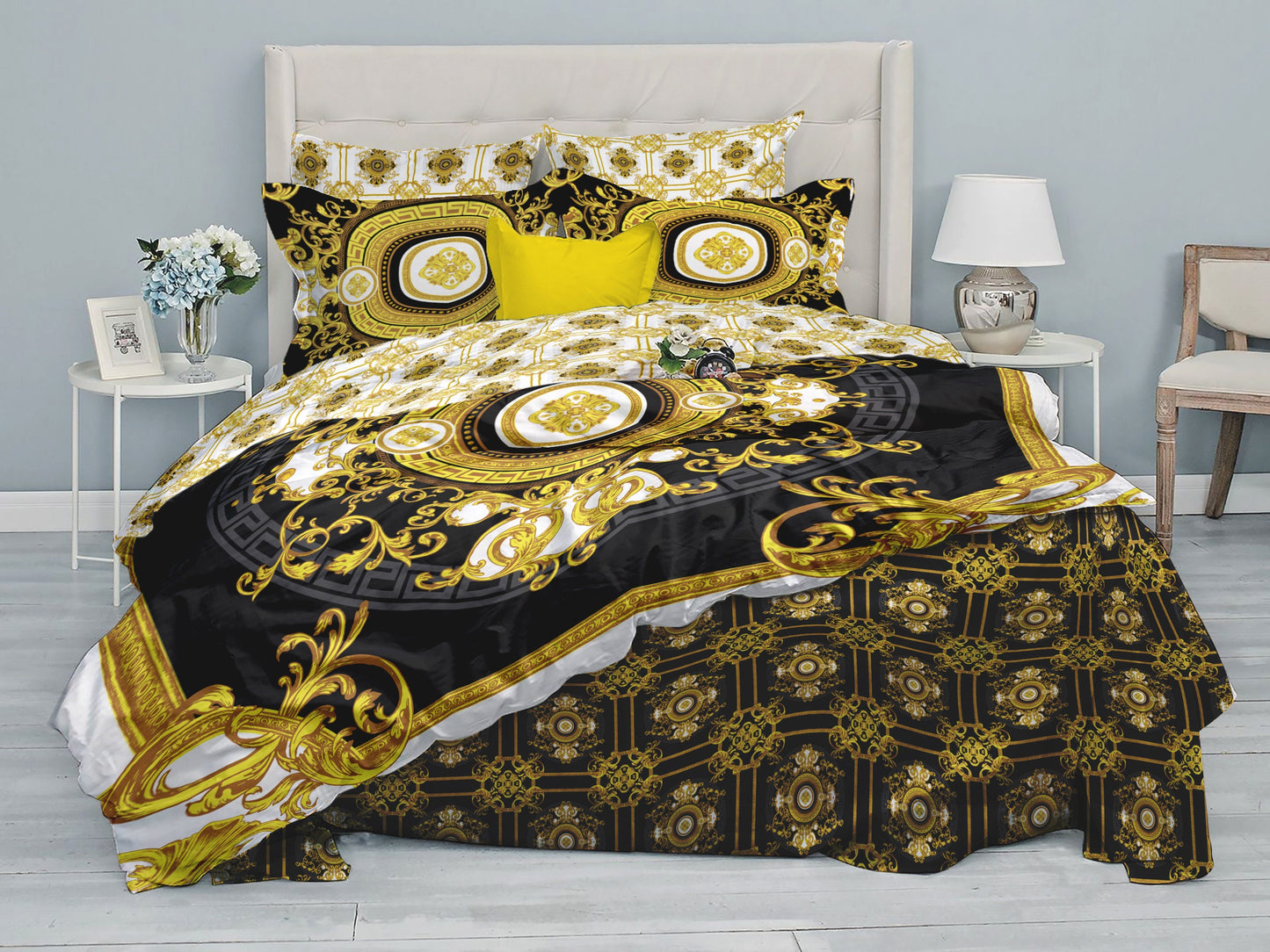 Bedding set "Crete" Baroque Black Yellow White Personalised Romantic design • Reversible design