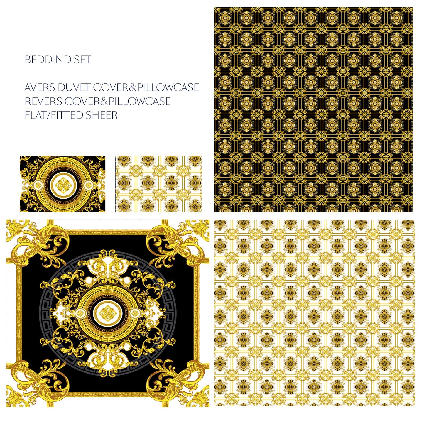 Barroco Negro&Amarillo y blanco Diseño personalizado Juego de cama • Diseño reversible • Algodón • microfibra • seda sintética • TU LOGO