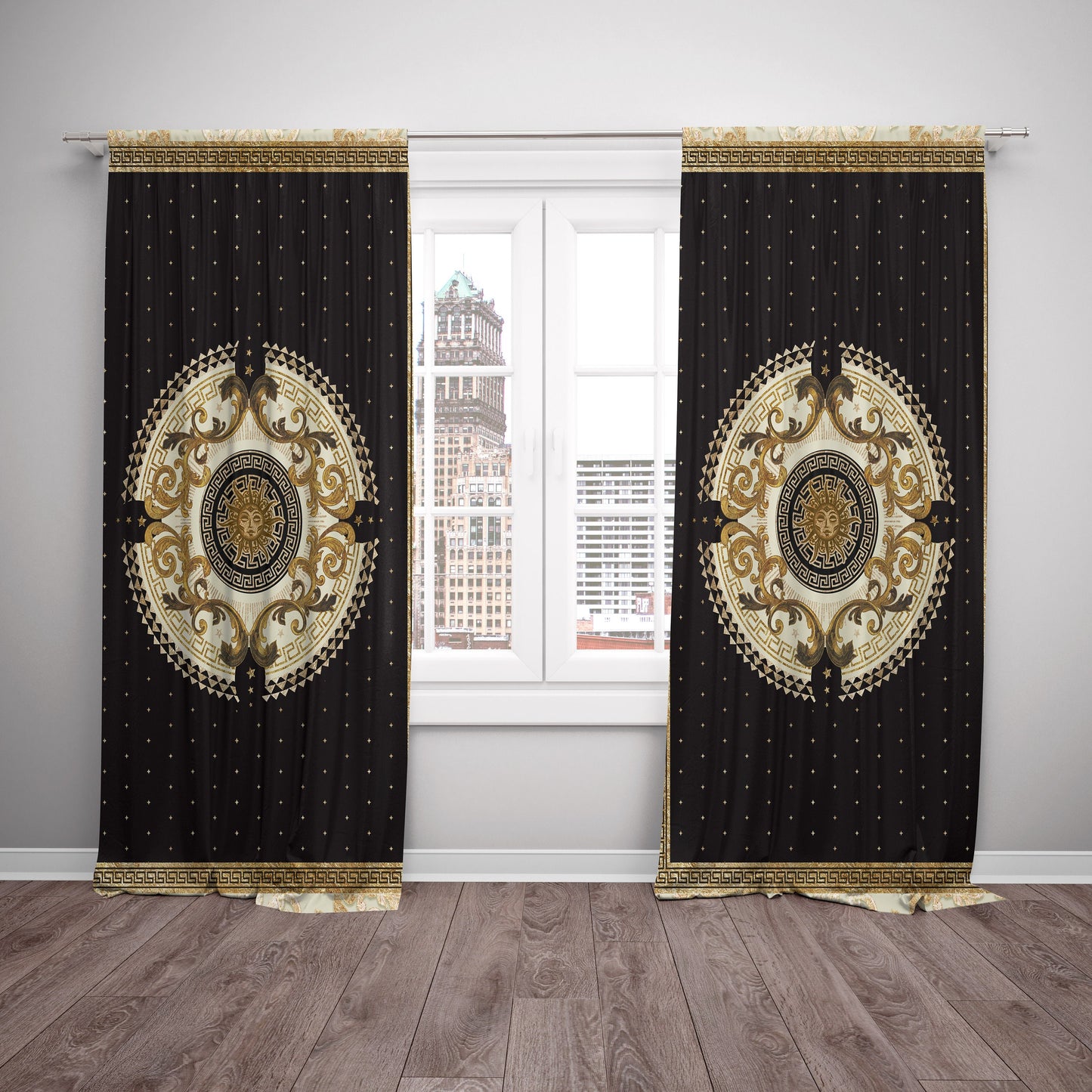 "Romero" Curtains 2 PCS SET black gold baroque or greek style romantic design • your LOGO • room curtains • blackout • home decor