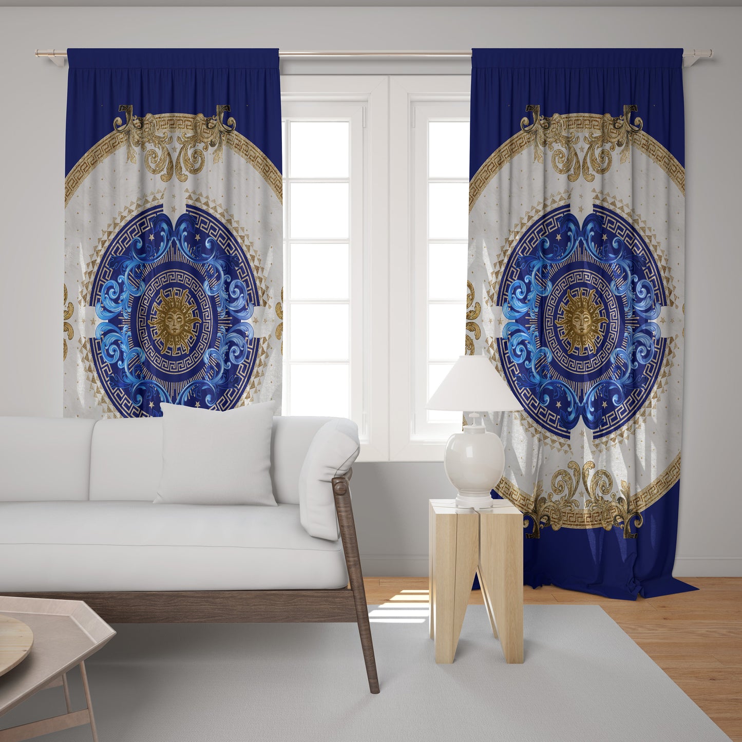 "Noira" Curtains 2 PCS SET blue gold baroque or greek style romantic design • your LOGO • room curtains • blackout • home decor