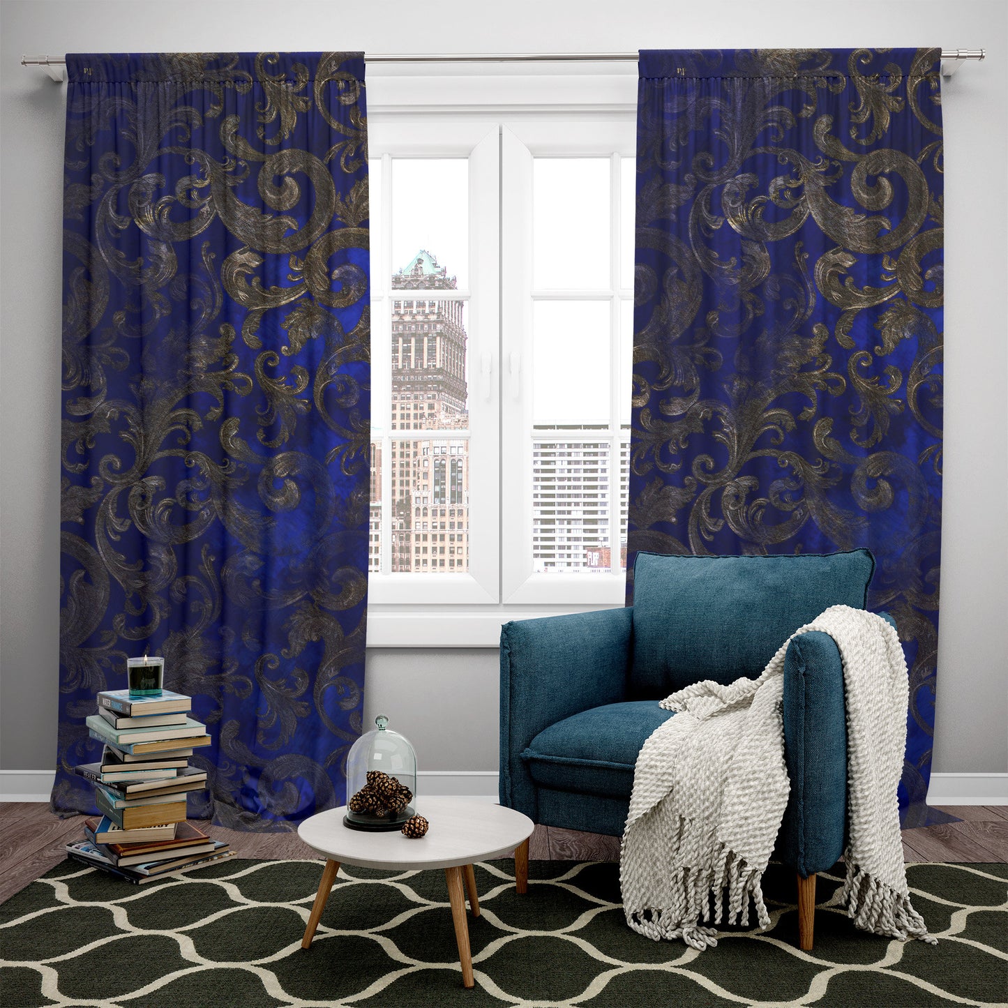 Curtains 2 PCS SET blue gold baroque or greek style romantic design • room curtains • blackout • home decor