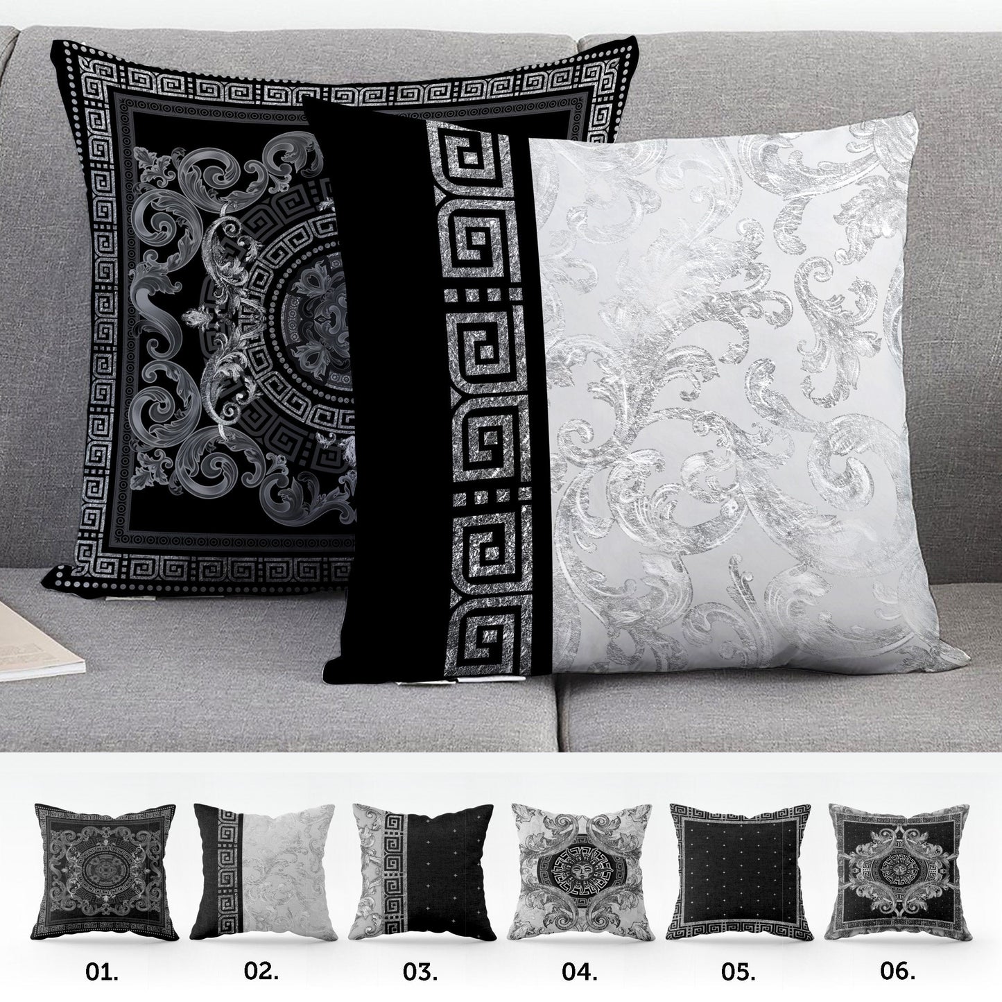 "Selina" cushion cover set • Art Gift • Exclusive baroque retro black-silver design pillow covers • different sizes