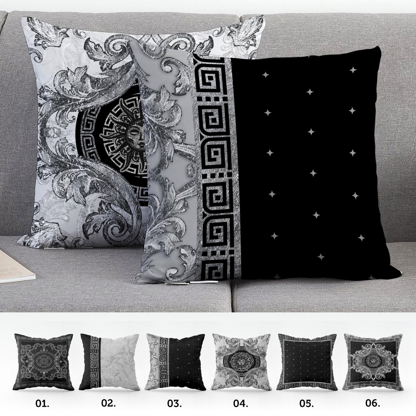"Selina" cushion cover set • Art Gift • Exclusive baroque retro black-silver design pillow covers • different sizes