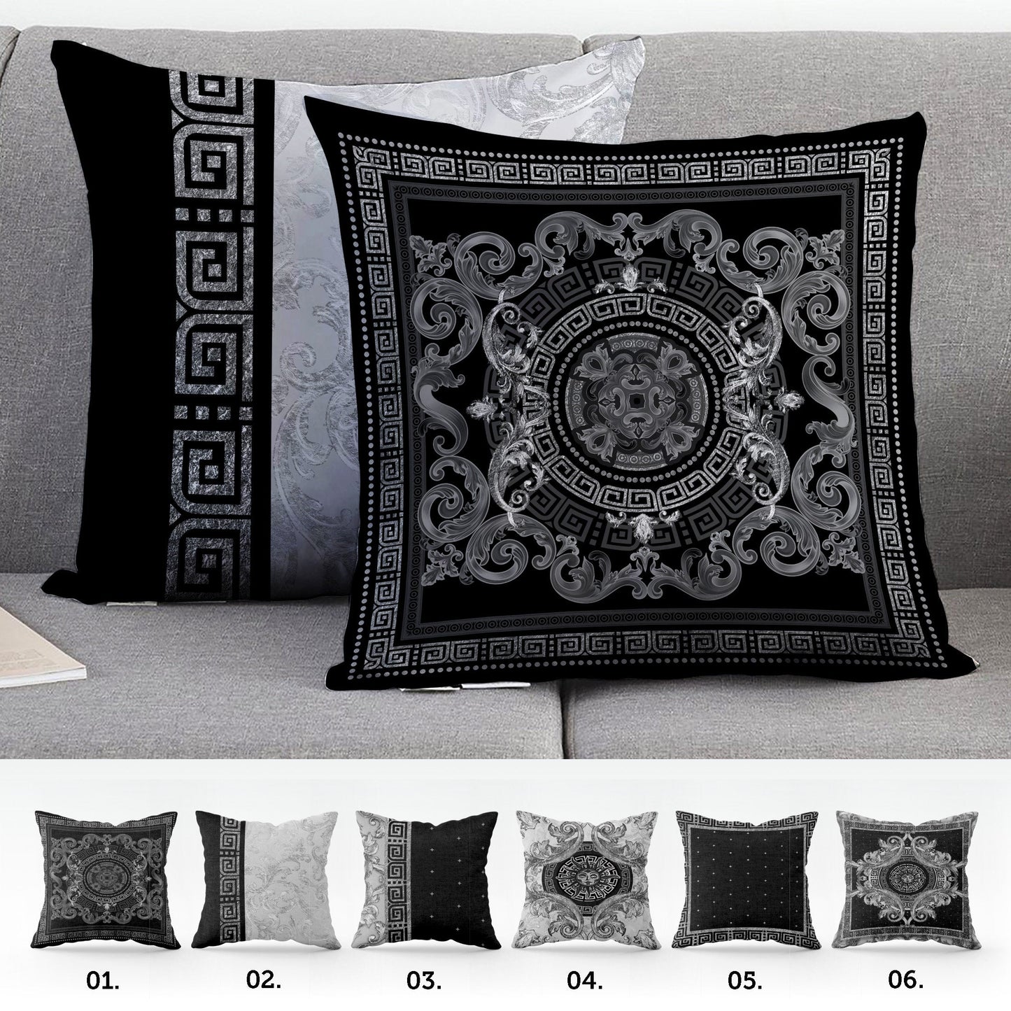 "Selina" cushion cover set • Art Gift • Exclusive baroque retro black-silver design pillow covers • different sizes