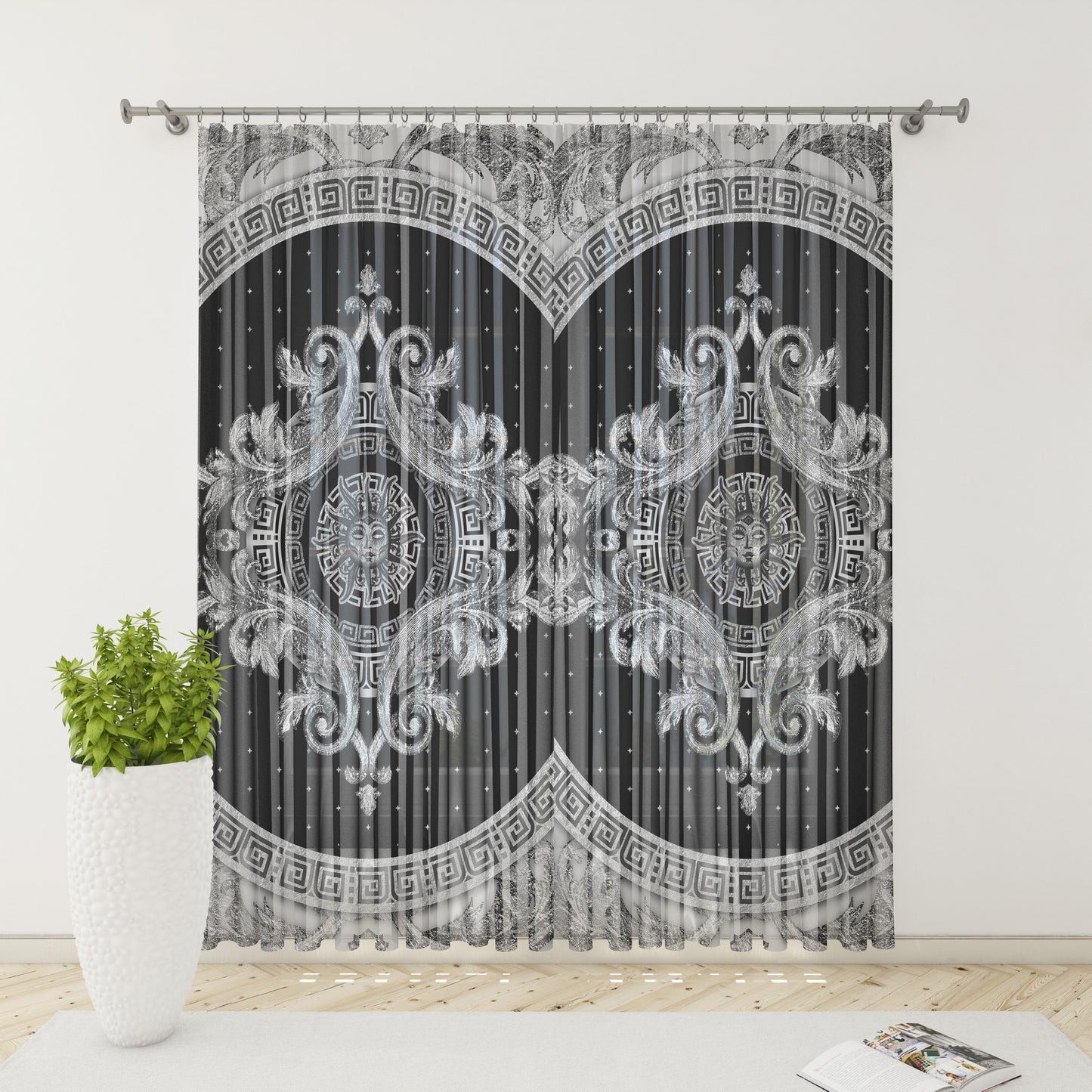 Curtains 2 PCS SET gey-silver baroque or greek style romantic design • your LOGO • room curtains • home decor