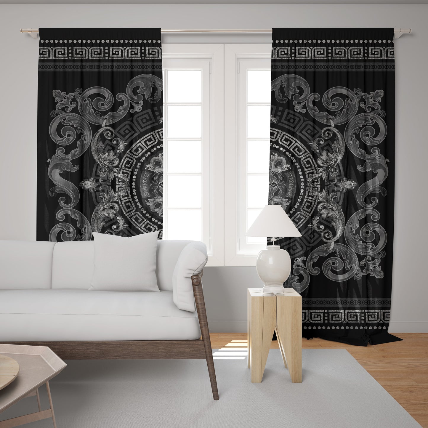 Curtains 2 PCS SET gey-silver baroque or greek style romantic design • your LOGO • room curtains • home decor