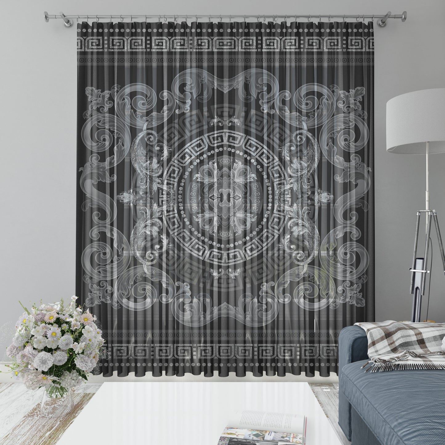 Curtains 2 PCS SET gey-silver baroque or greek style romantic design • your LOGO • room curtains • home decor