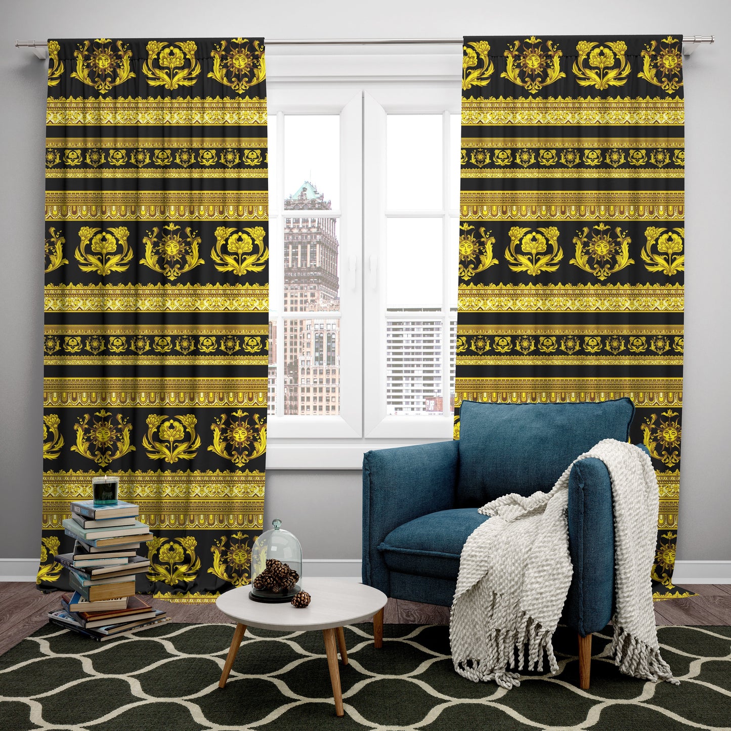 Curtains 2 PCS SET gold-black baroque or greek style romantic design • your LOGO • room curtains • home decor