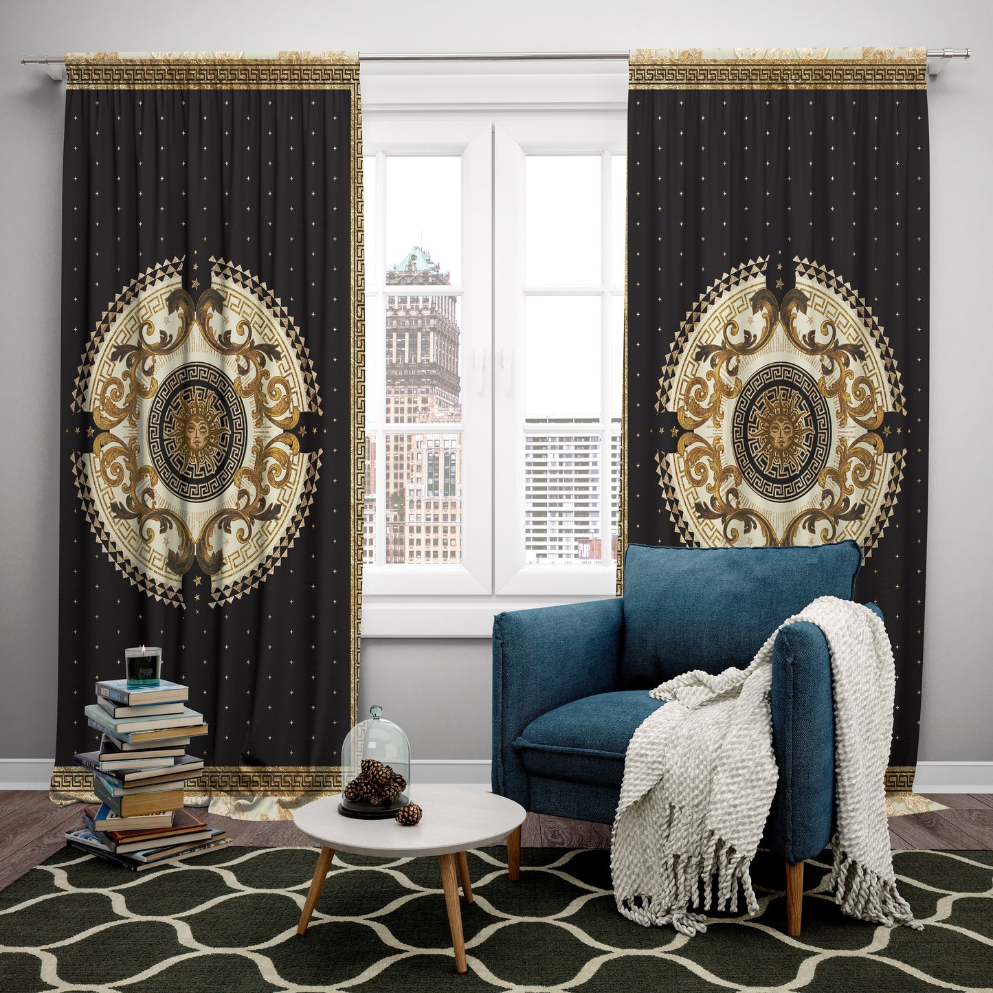"Romero" Curtains 2 PCS SET black gold baroque or greek style romantic design • your LOGO • room curtains • blackout • home decor