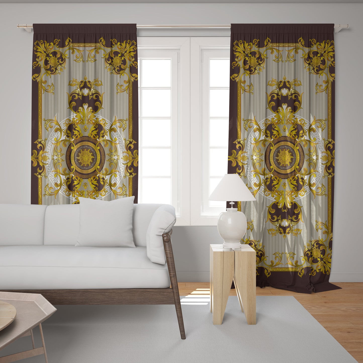 Cortinas 2 PIEZAS SET chocolate-beige oro estilo barroco diseño romántico • su LOGO • cortinas de la habitación • apagón • decoración del hogar
