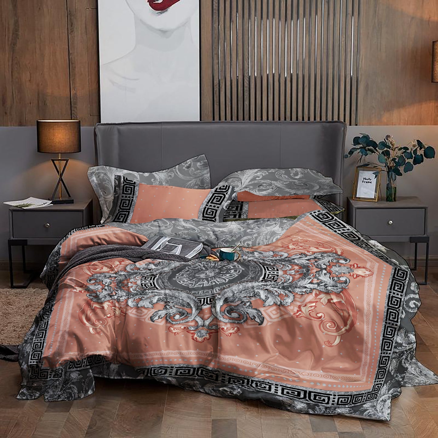 Silk Baroque Eccentric Personalised Siver-Rose design Bedding set of 4 pcs • Reversible design • AU, EU, USA, queen, king