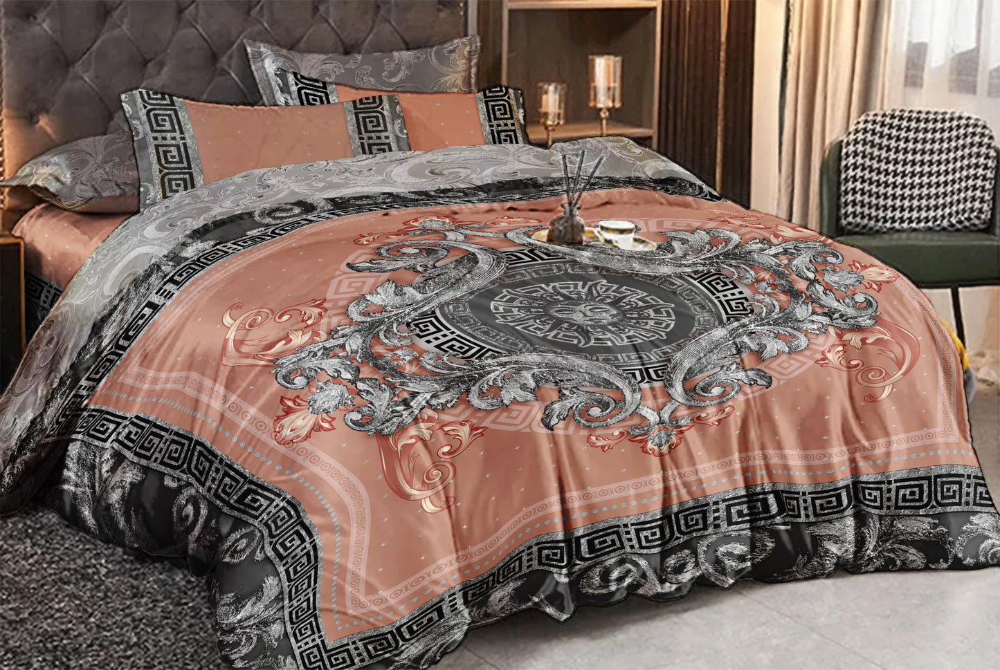 Silk Baroque Eccentric Personalised Siver-Rose design Bedding set of 4 pcs • Reversible design • AU, EU, USA, queen, king