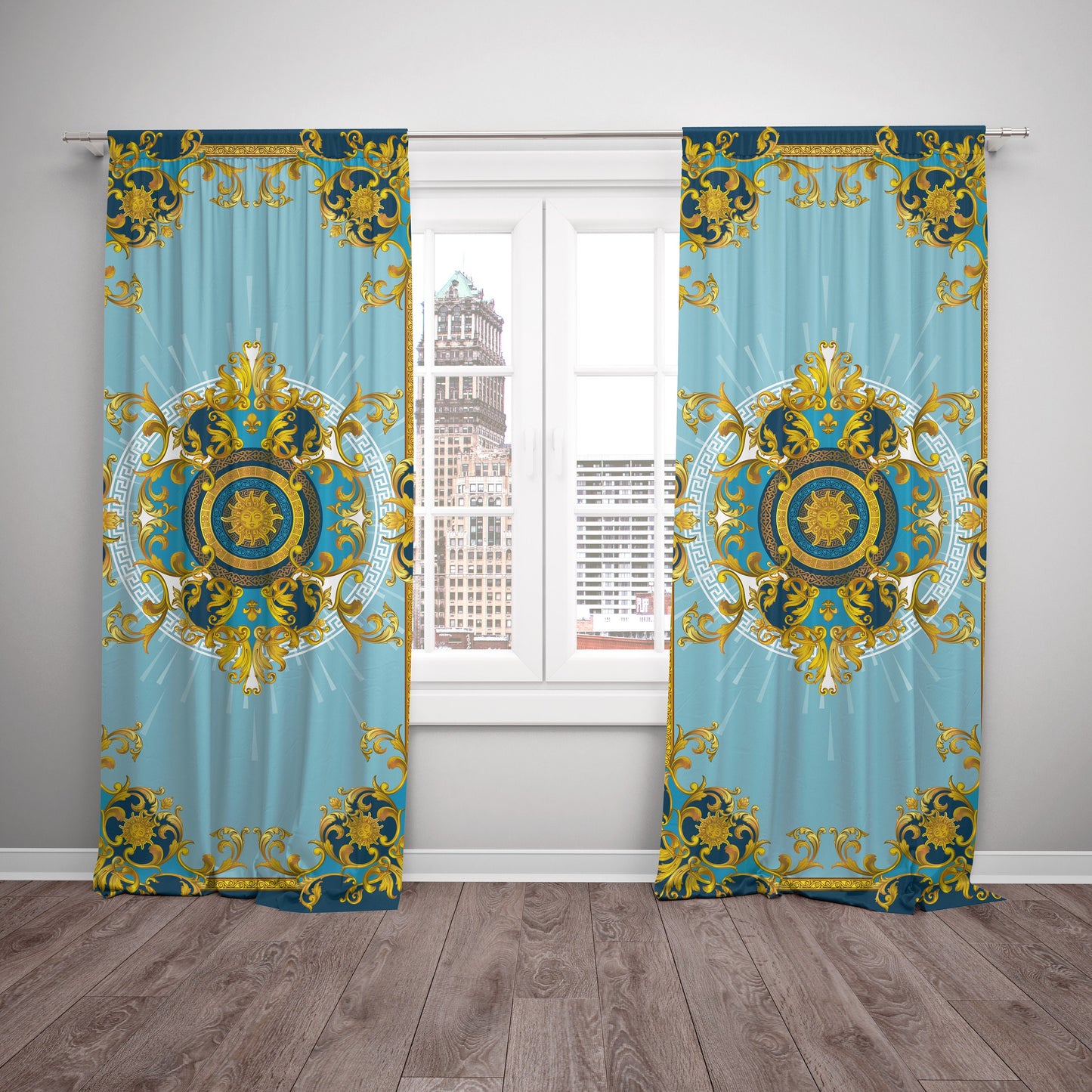 Cortinas 2 PCS SET azul dorado estilo barroco o griego diseño romántico • su logotipo • cortinas de la habitación • apagón • decoración del hogar