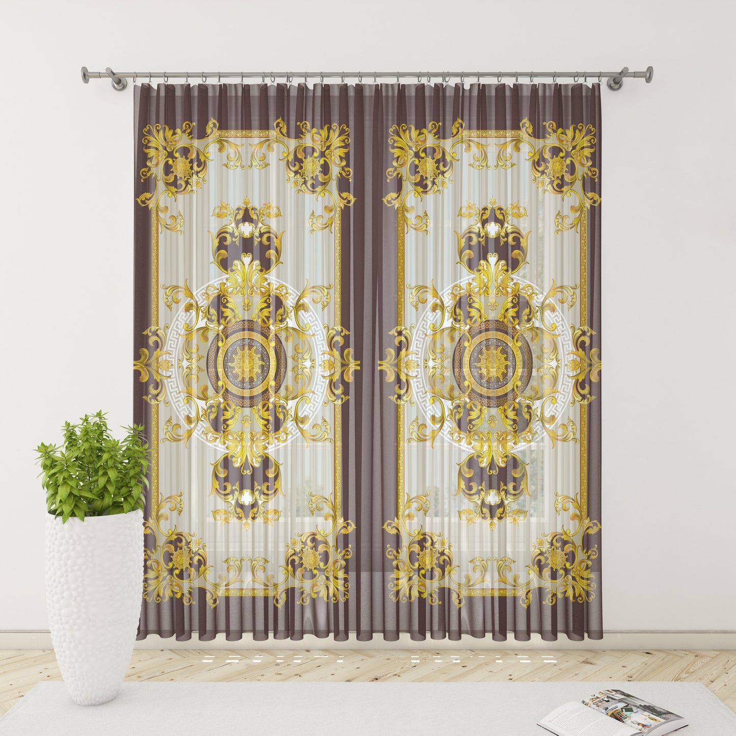 Cortinas 2 PIEZAS SET chocolate-beige oro estilo barroco diseño romántico • su LOGO • cortinas de la habitación • apagón • decoración del hogar