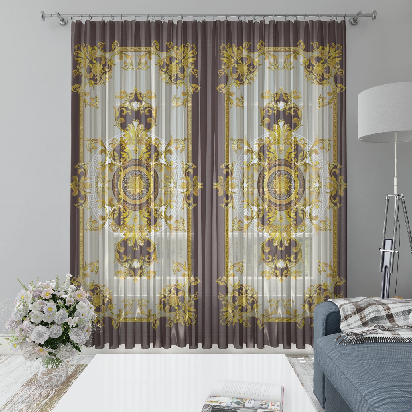 Cortinas 2 PIEZAS SET chocolate-beige oro estilo barroco diseño romántico • su LOGO • cortinas de la habitación • apagón • decoración del hogar