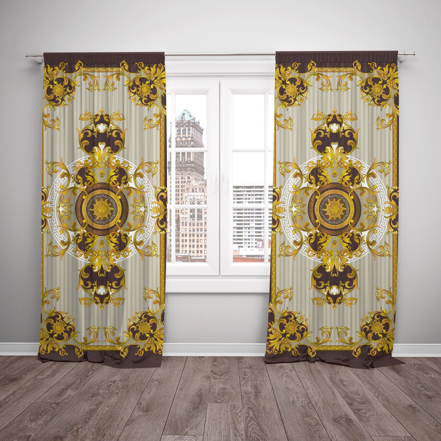Cortinas 2 PIEZAS SET chocolate-beige oro estilo barroco diseño romántico • su LOGO • cortinas de la habitación • apagón • decoración del hogar