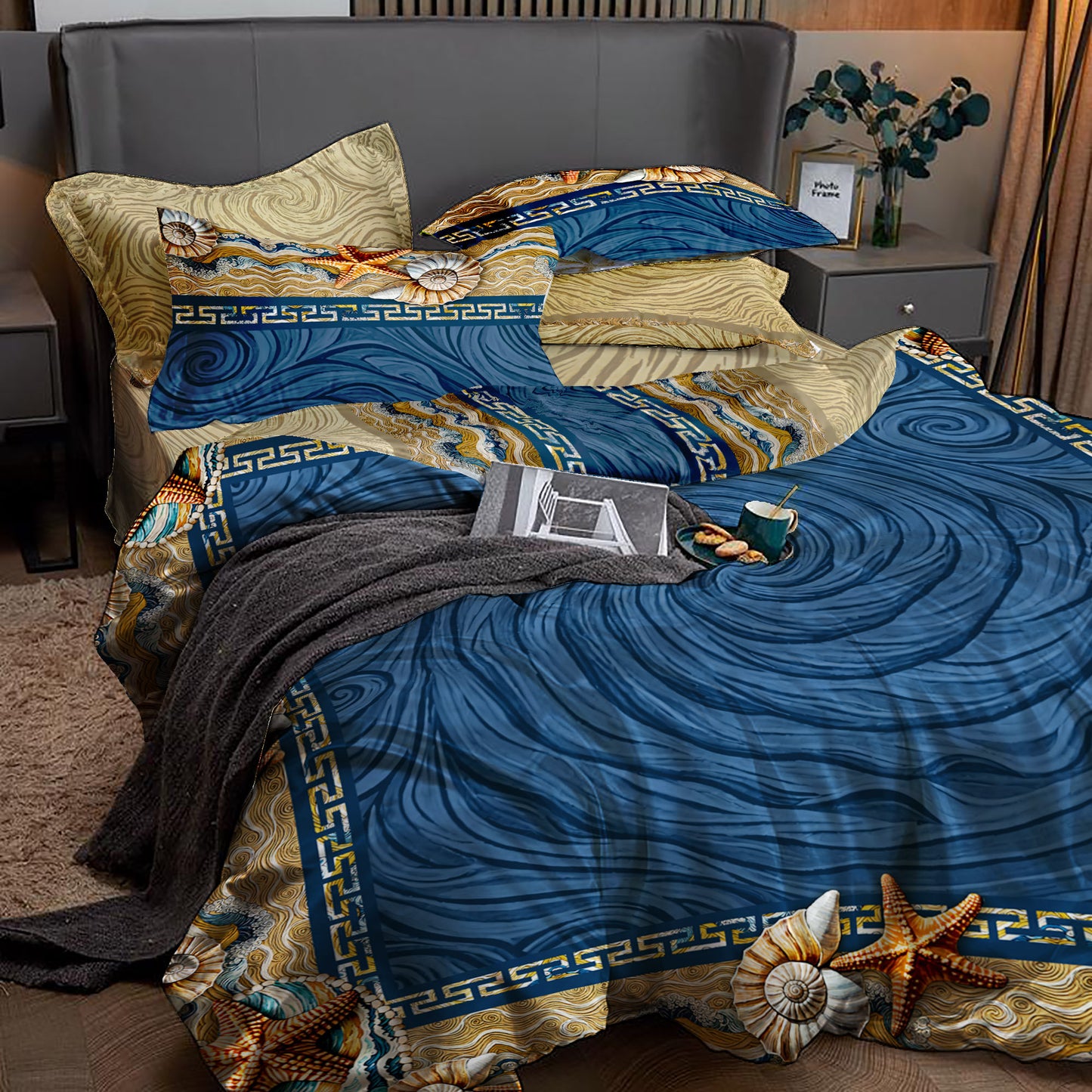 Silk Lujoso juego de cama con un romántico diseño marino, perfecto para tu casa costera • juego de 4 piezas • Diseño reversible • AU, UE, EE. UU.