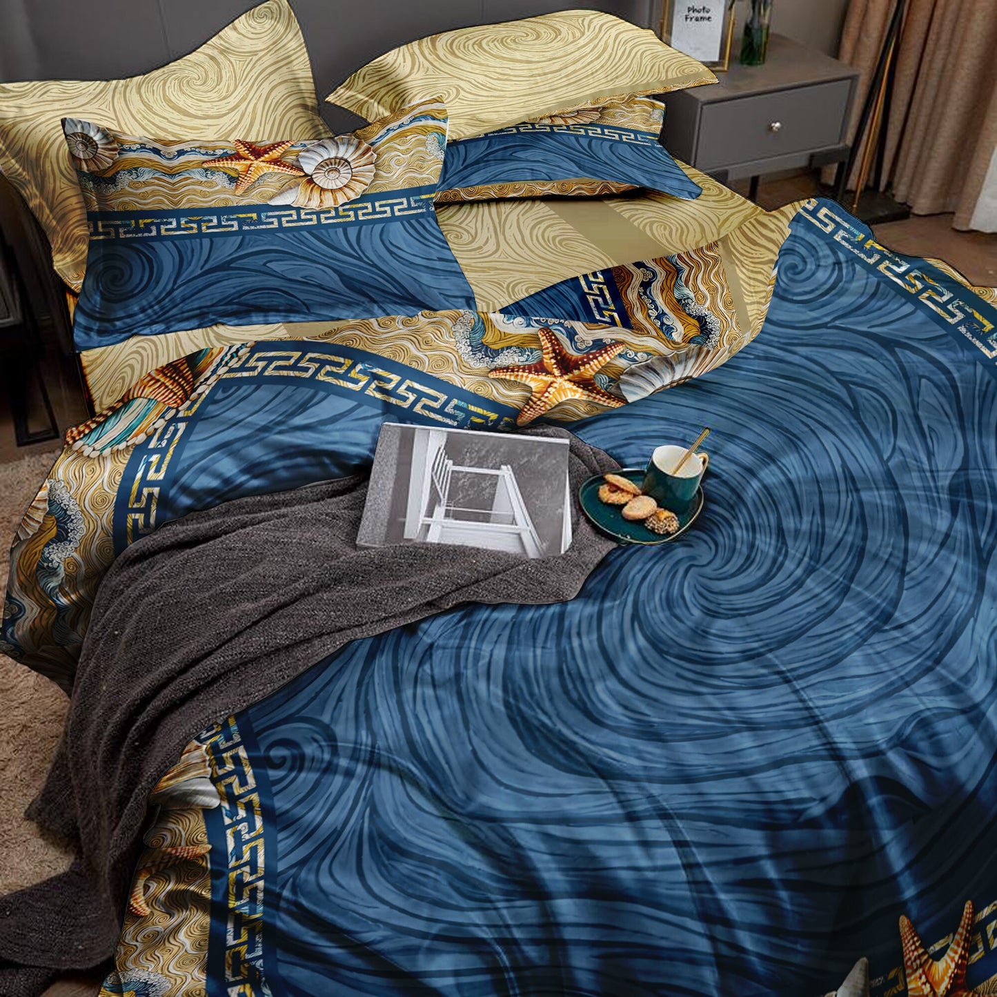 Silk Lujoso juego de cama con un romántico diseño marino, perfecto para tu casa costera • juego de 4 piezas • Diseño reversible • AU, UE, EE. UU.