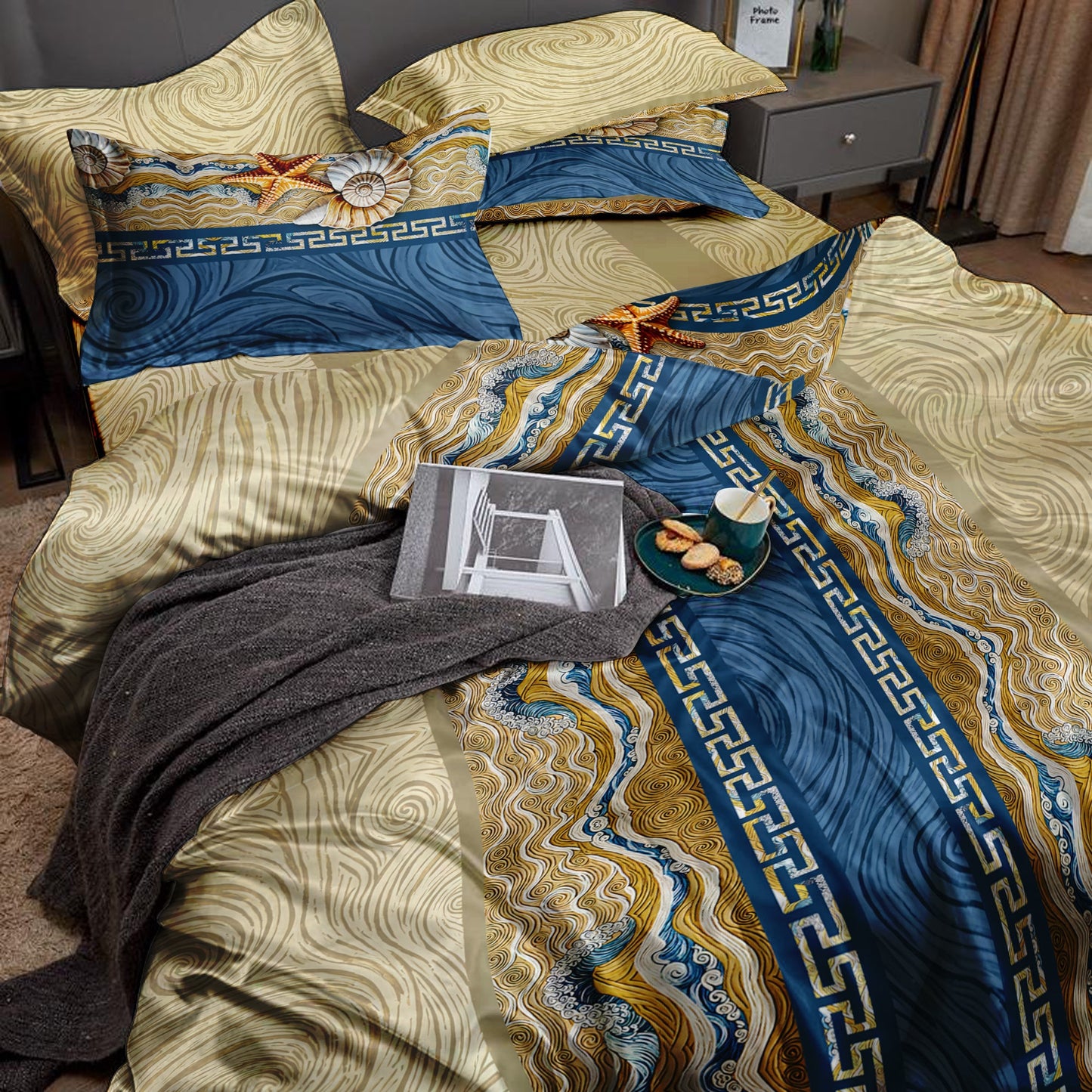 Silk Lujoso juego de cama con un romántico diseño marino, perfecto para tu casa costera • juego de 4 piezas • Diseño reversible • AU, UE, EE. UU.