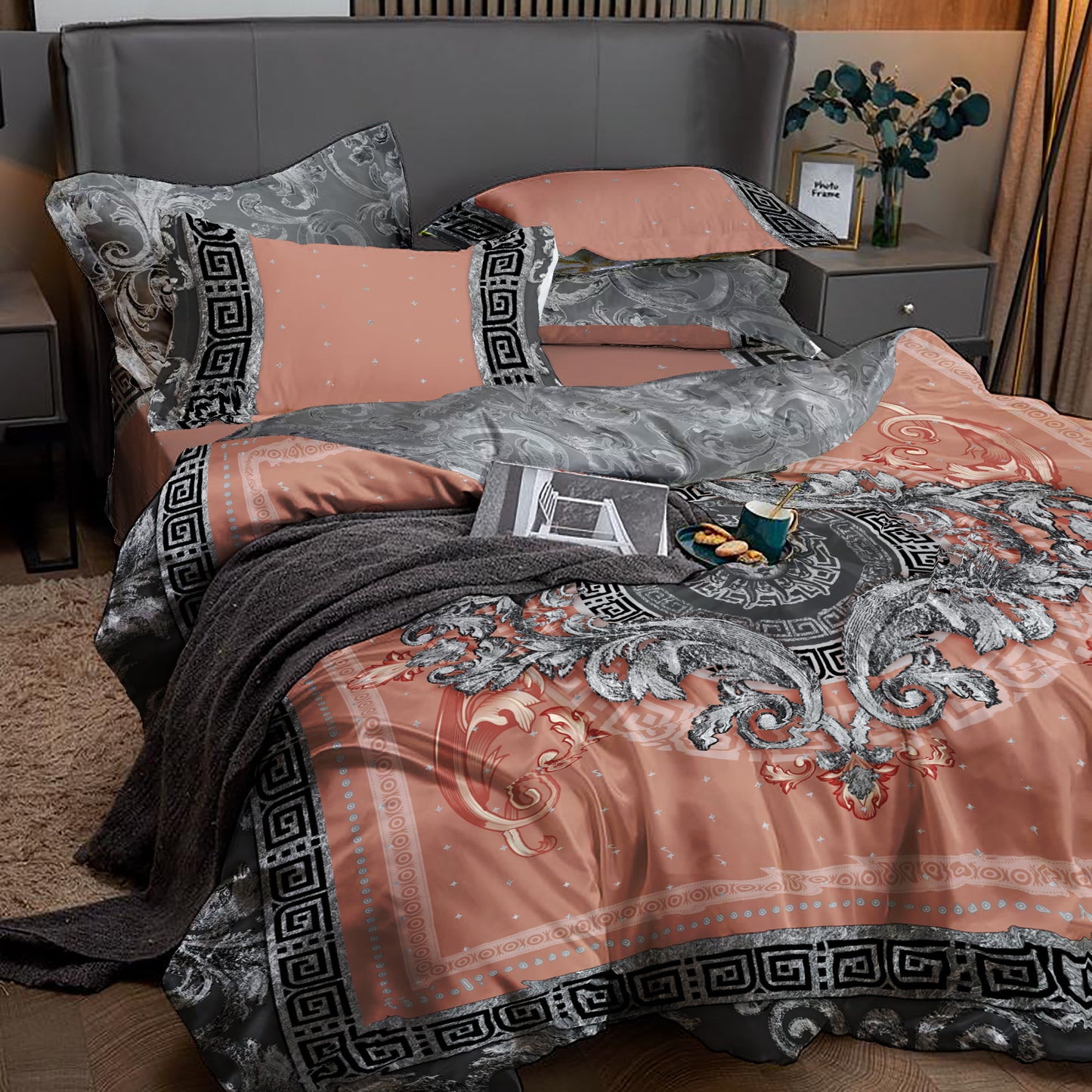 Silk Baroque Eccentric Personalised Siver-Rose design Bedding set of 4 pcs • Reversible design • AU, EU, USA, queen, king