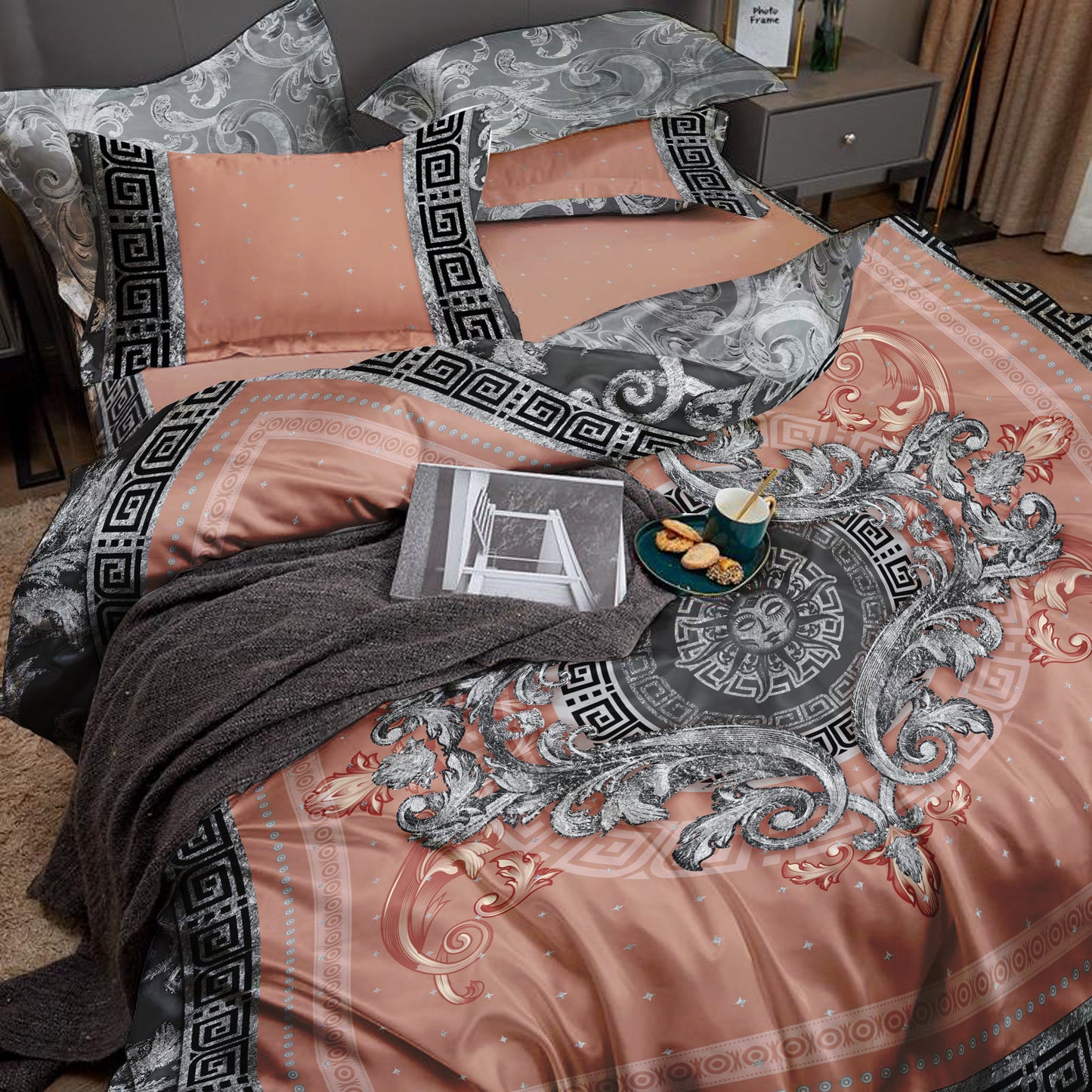 Silk Baroque Eccentric Personalised Siver-Rose design Bedding set of 4 pcs • Reversible design • AU, EU, USA, queen, king