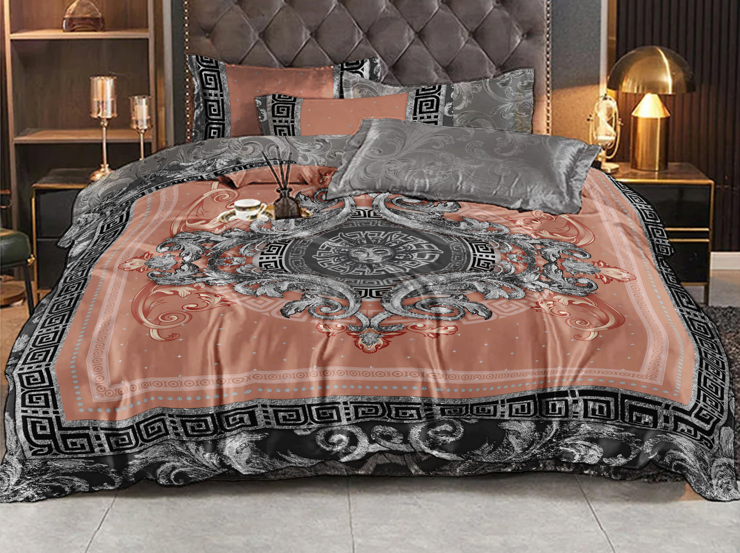 Silk Baroque Eccentric Personalised Siver-Rose design Bedding set of 4 pcs • Reversible design • AU, EU, USA, queen, king