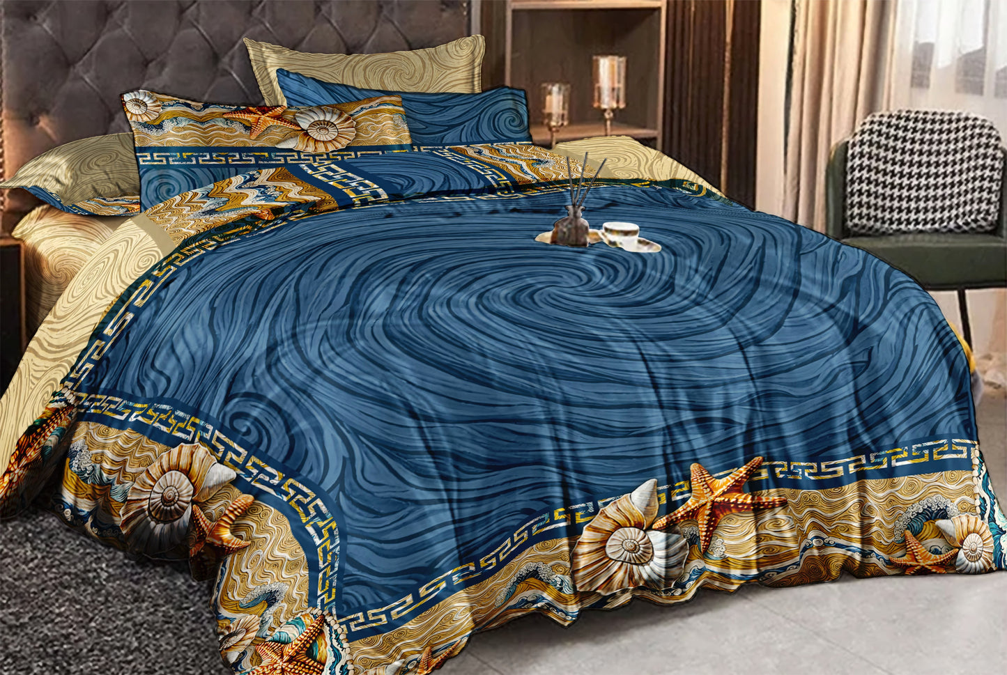 Silk Lujoso juego de cama con un romántico diseño marino, perfecto para tu casa costera • juego de 4 piezas • Diseño reversible • AU, UE, EE. UU.