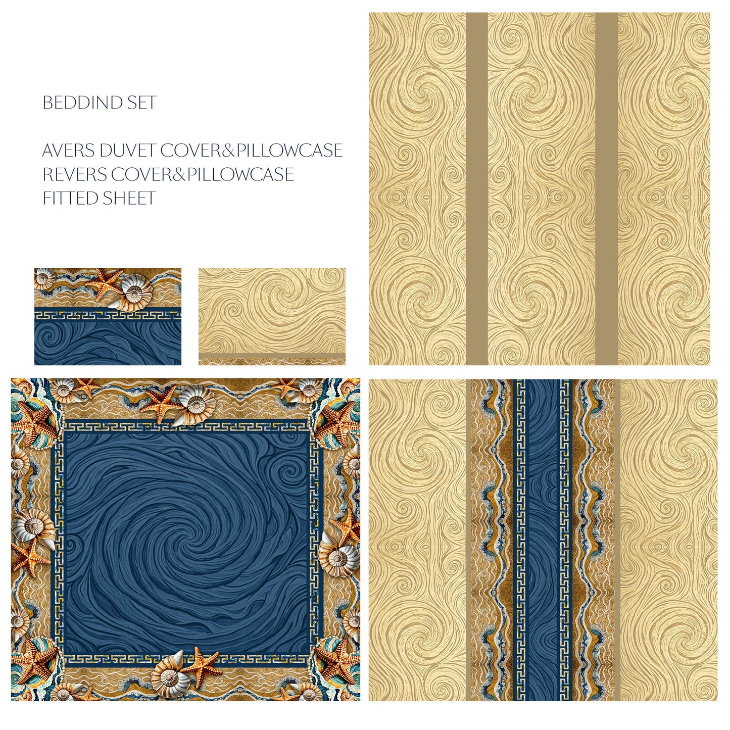 Silk Lujoso juego de cama con un romántico diseño marino, perfecto para tu casa costera • juego de 4 piezas • Diseño reversible • AU, UE, EE. UU.