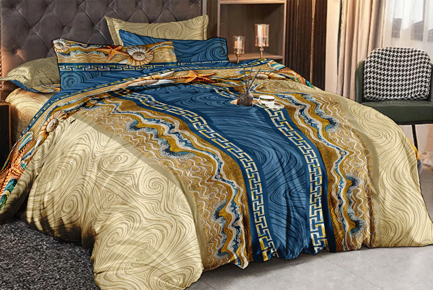 Silk Lujoso juego de cama con un romántico diseño marino, perfecto para tu casa costera • juego de 4 piezas • Diseño reversible • AU, UE, EE. UU.