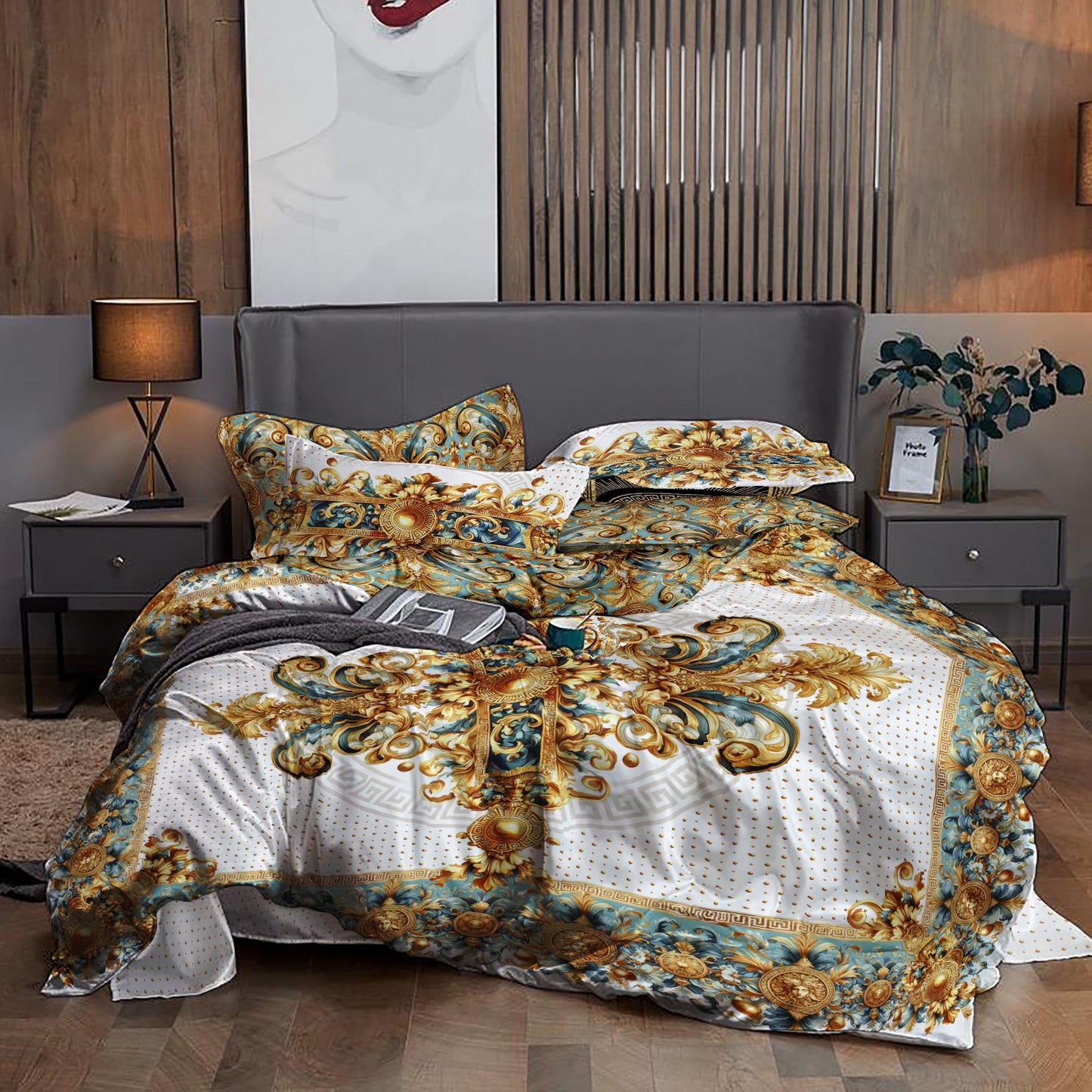 Juego de cama personalizado de tencel o seda PSC 3/4, diseño barroco excéntrico, azul y blanco "ALIBLUE" • Diseño reversible • Seda sintética • Todos los tamaños
