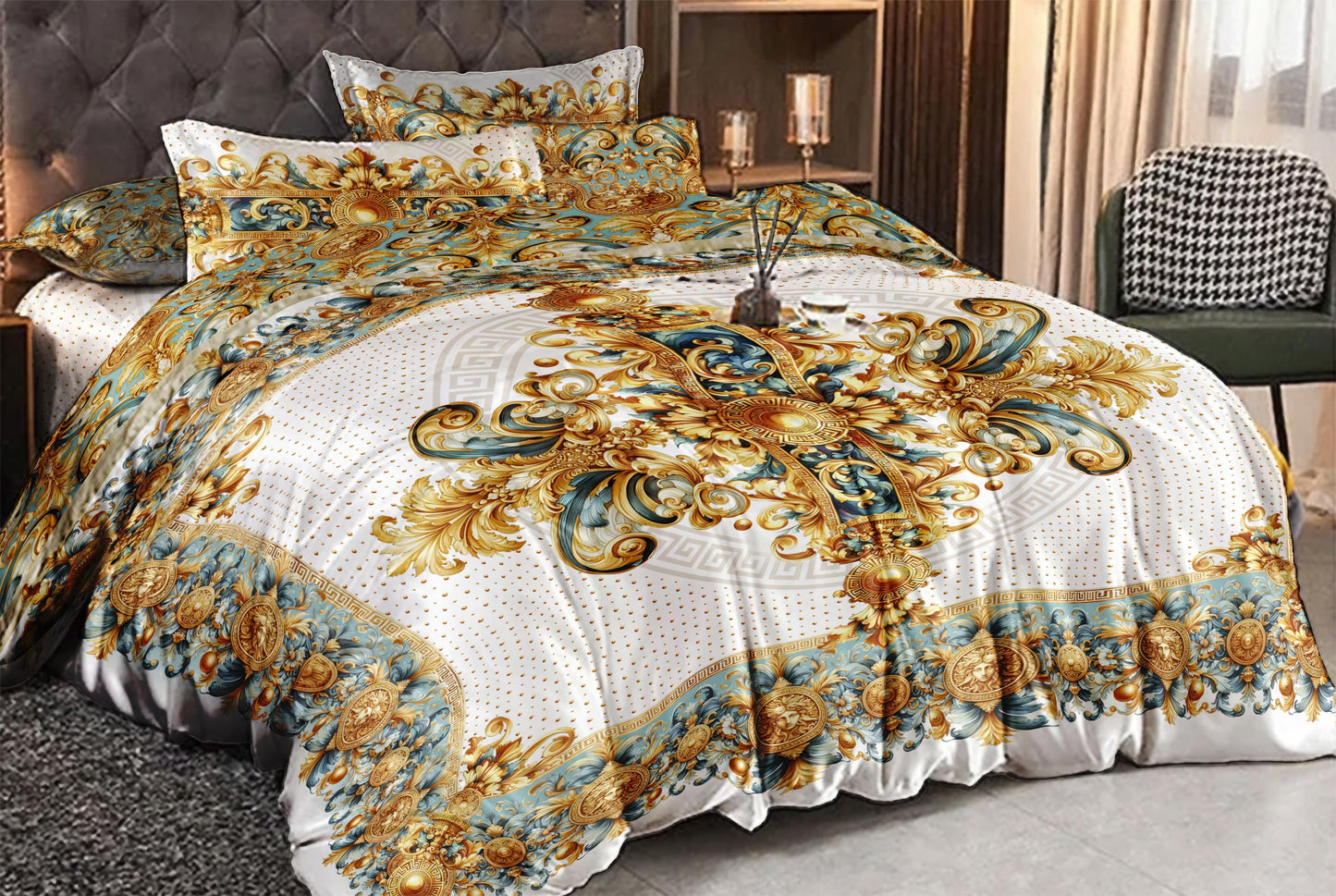 Juego de cama personalizado de tencel o seda PSC 3/4, diseño barroco excéntrico, azul y blanco "ALIBLUE" • Diseño reversible • Seda sintética • Todos los tamaños