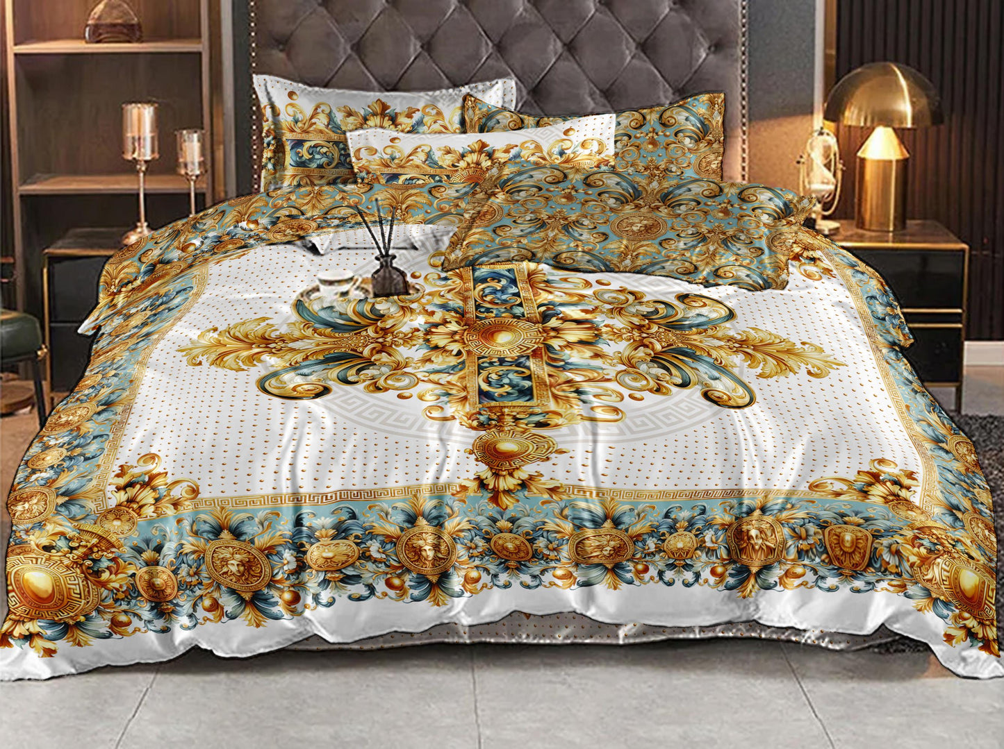 Juego de cama personalizado de tencel o seda PSC 3/4, diseño barroco excéntrico, azul y blanco "ALIBLUE" • Diseño reversible • Seda sintética • Todos los tamaños