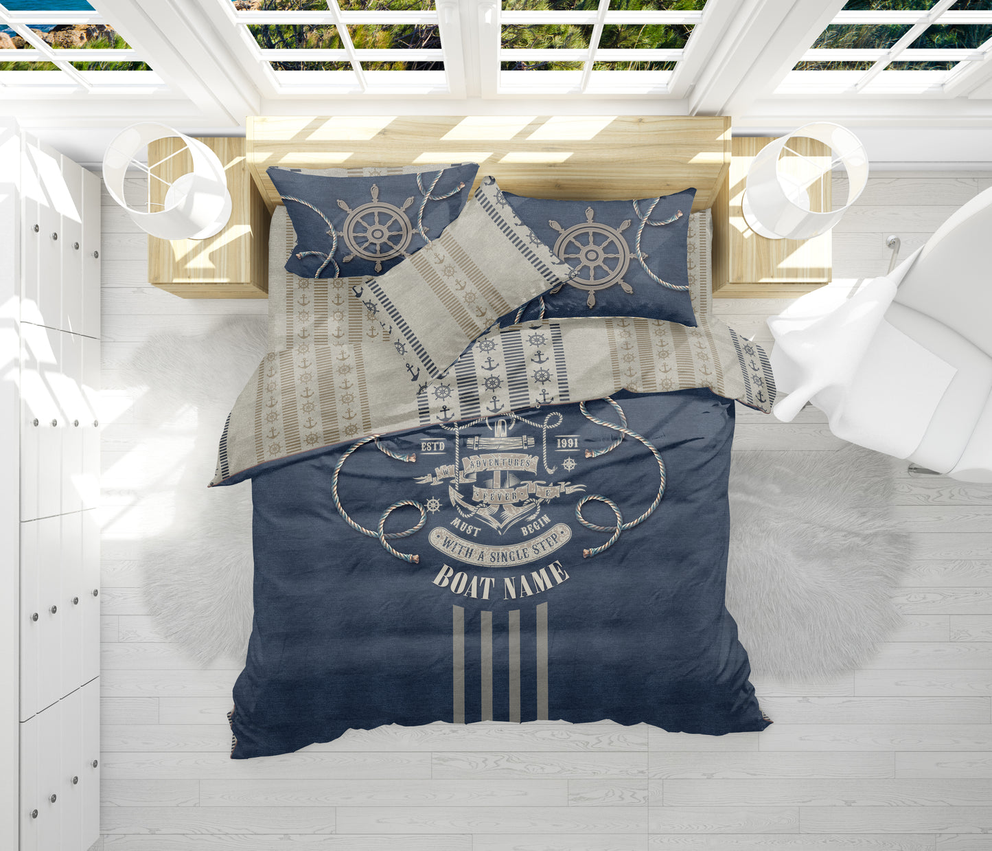 Juego de cama náutico • diseño personalizado reversible de mar con efecto bordado