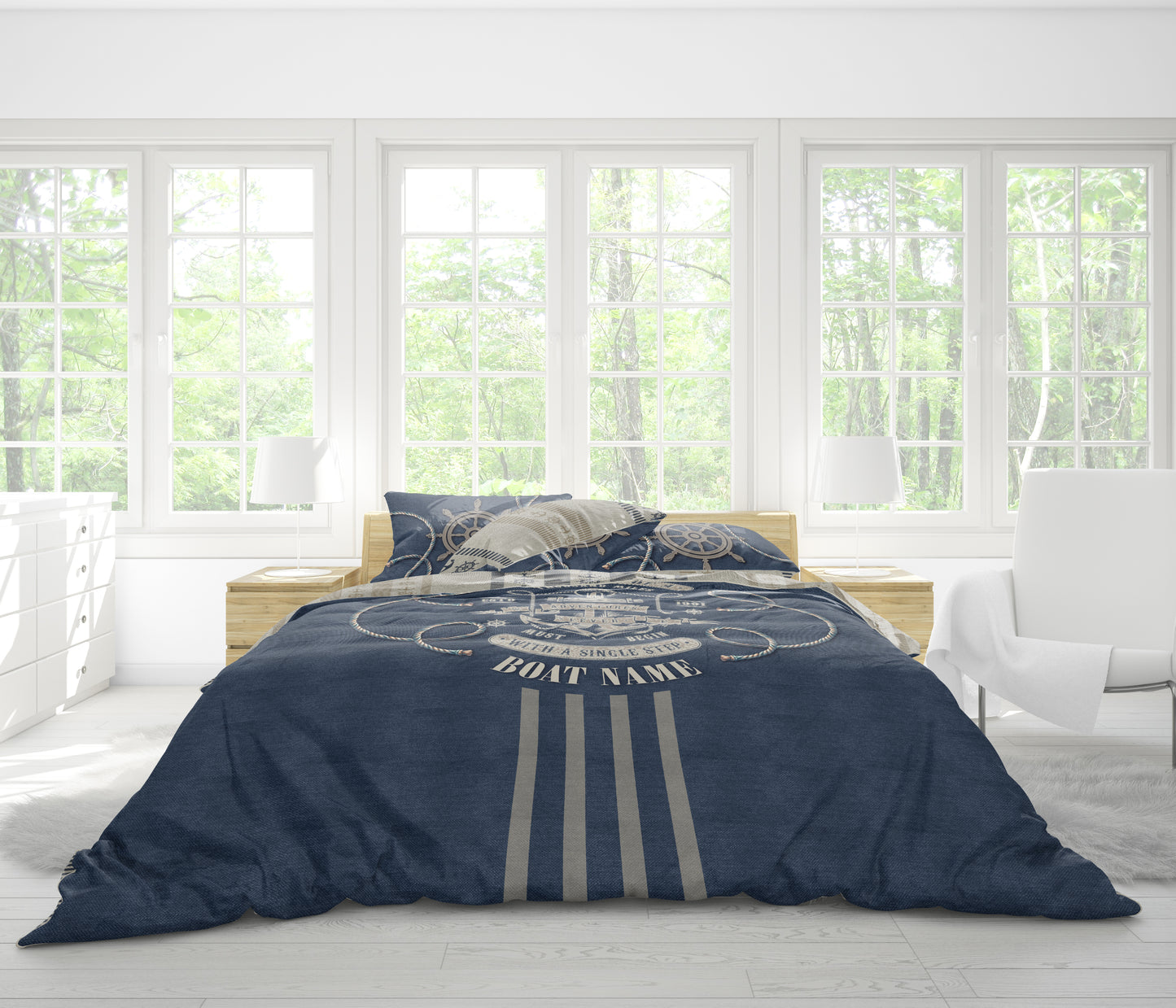 Juego de cama náutico • diseño personalizado reversible de mar con efecto bordado
