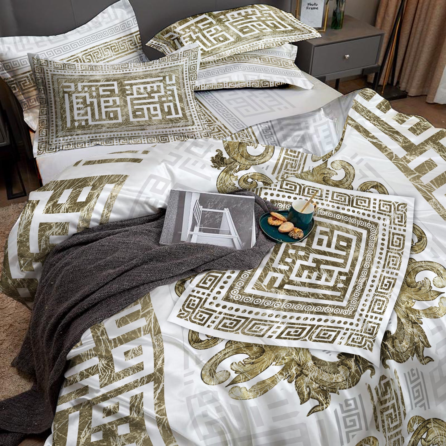 Juego de ropa de cama de seda "Myconos"• minimalismo estilo griego diseño reversible • juego de 4 piezas