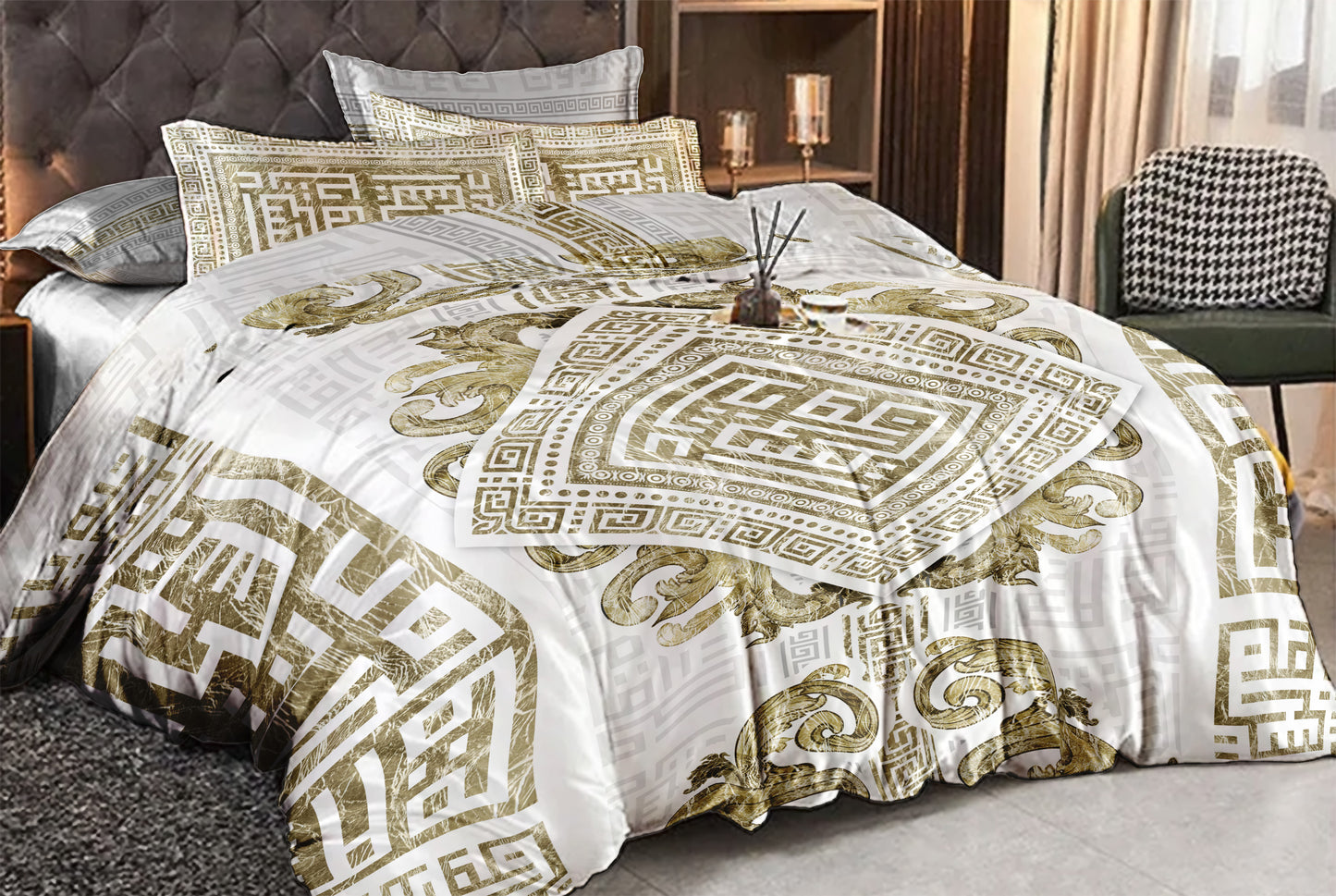 Juego de ropa de cama de seda "Myconos"• minimalismo estilo griego diseño reversible • juego de 4 piezas