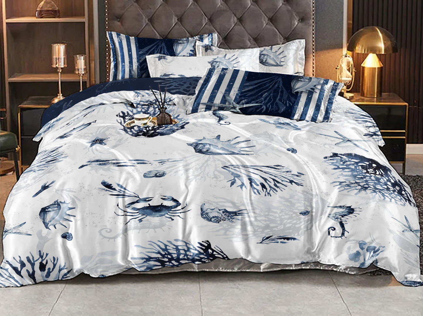 Silk bedding set "Jili"• sea romantic reversible design • set 4 pcs