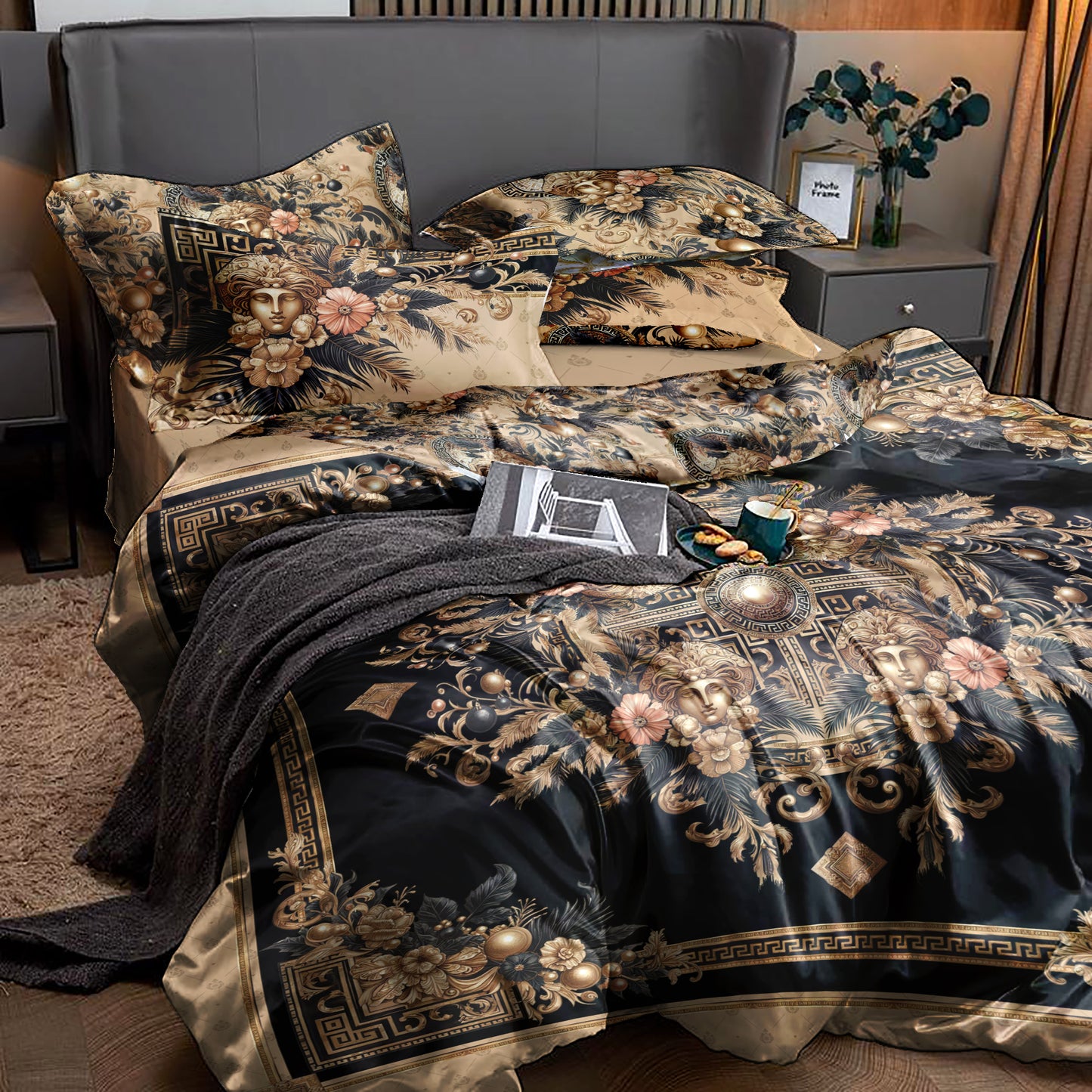 Juego de cama personalizado excéntrico barroco azul y blanco "Noira" • Diseño reversible • Algodón • Microfibra • Seda sintética • AU, EU, USA, queen, king
