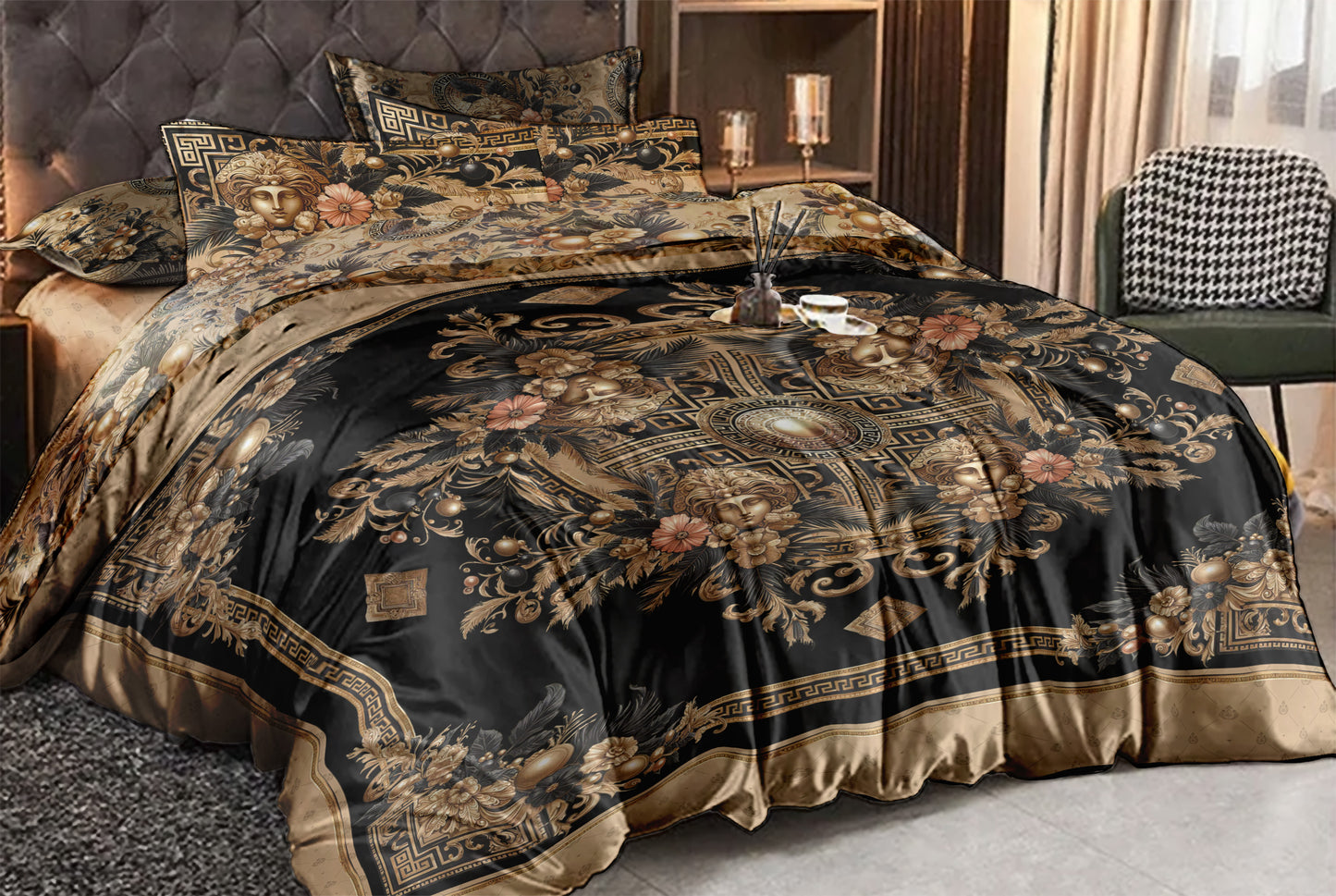 Juego de cama personalizado excéntrico barroco azul y blanco "Noira" • Diseño reversible • Algodón • Microfibra • Seda sintética • AU, EU, USA, queen, king