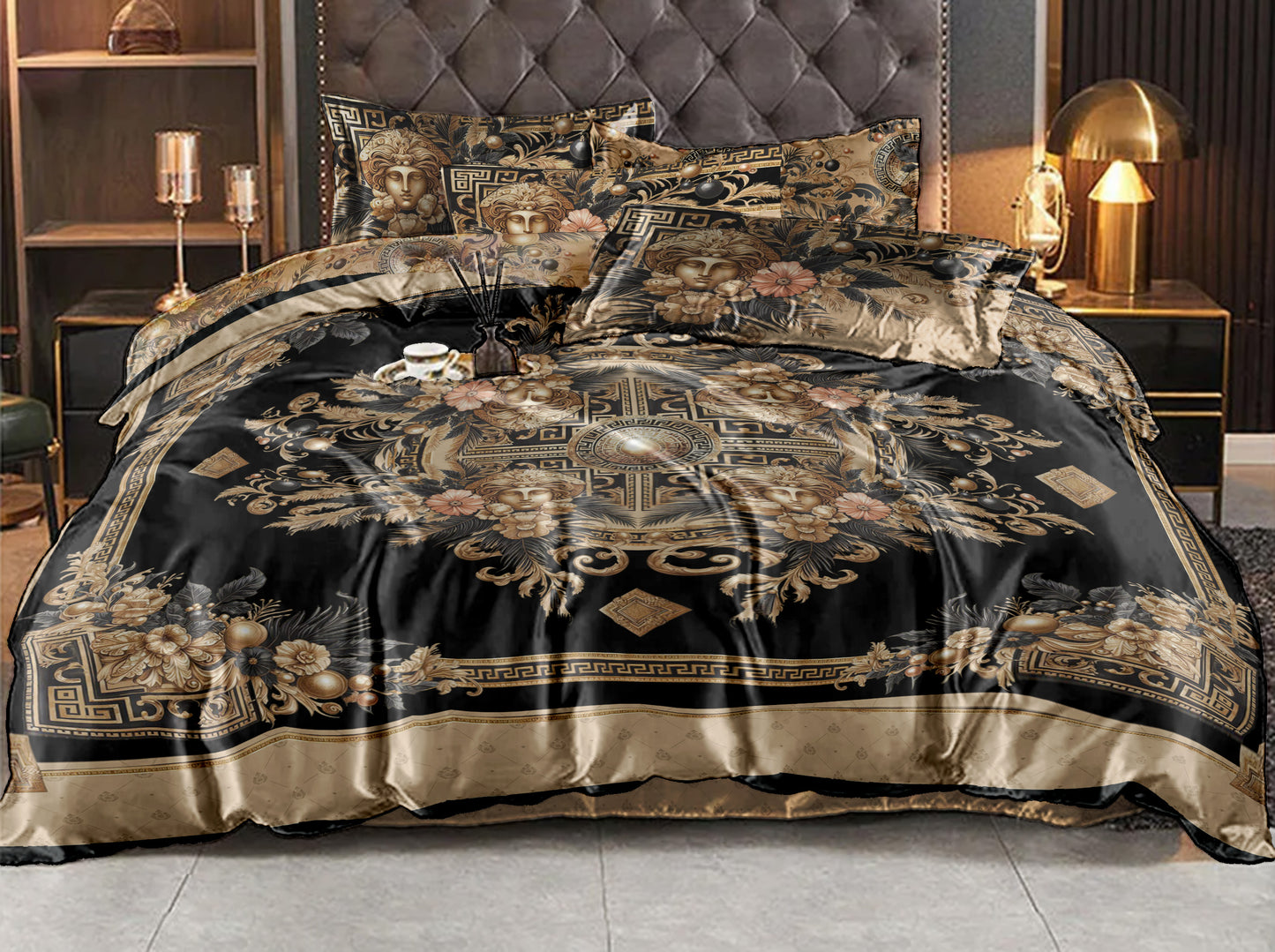 Juego de cama personalizado excéntrico barroco azul y blanco "Noira" • Diseño reversible • Algodón • Microfibra • Seda sintética • AU, EU, USA, queen, king