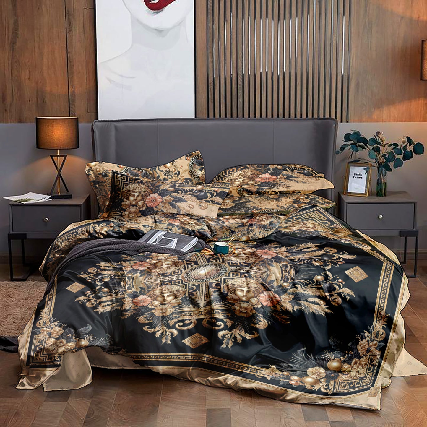 Juego de cama personalizado excéntrico barroco azul y blanco "Noira" • Diseño reversible • Algodón • Microfibra • Seda sintética • AU, EU, USA, queen, king