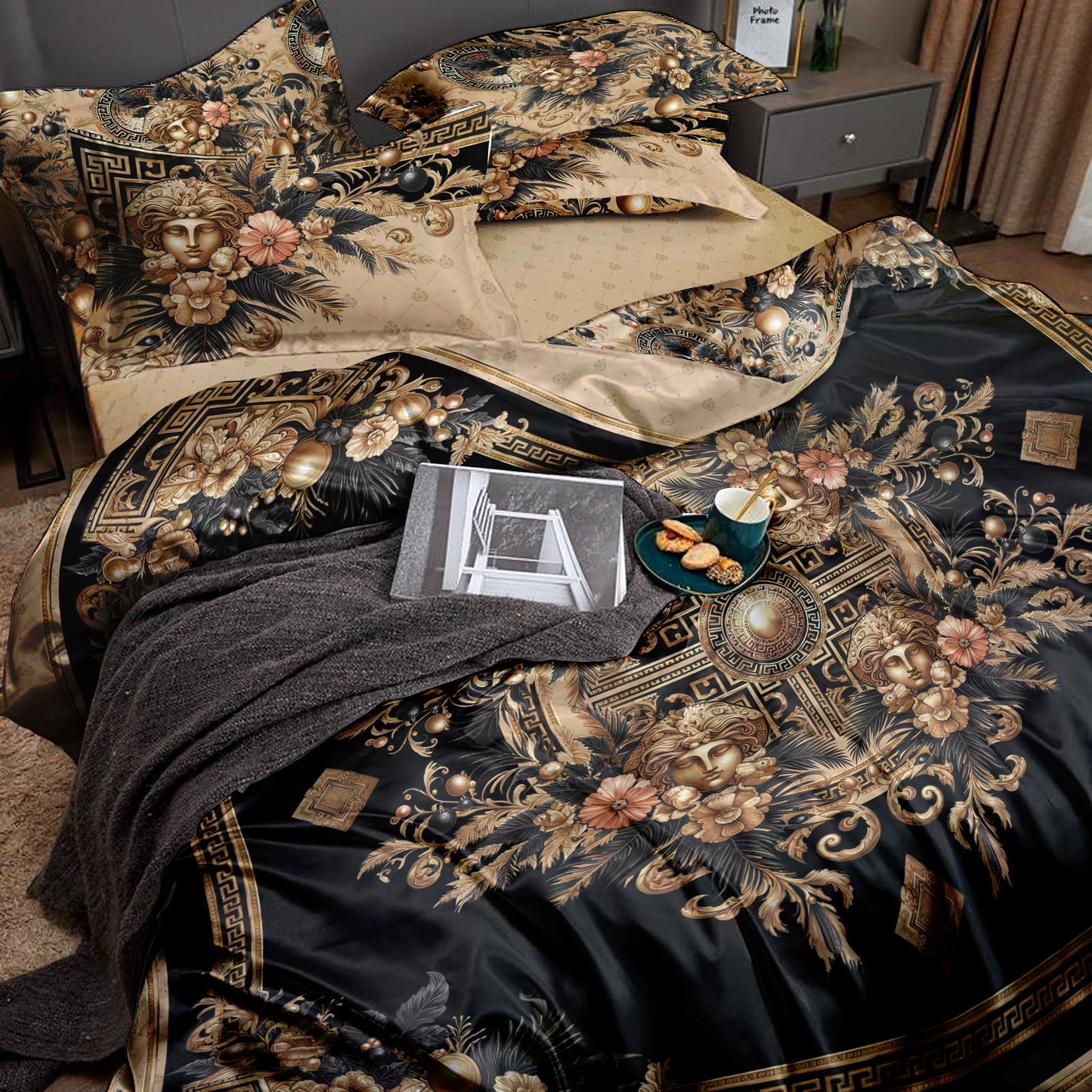 Juego de cama personalizado excéntrico barroco azul y blanco "Noira" • Diseño reversible • Algodón • Microfibra • Seda sintética • AU, EU, USA, queen, king