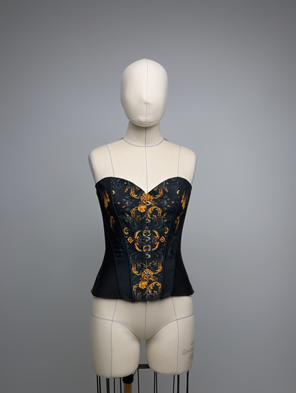 "Golden Iris" Luxury Art Corset • Full Bust & Slim Waist • Hand-painted baroque print, premium tailoring