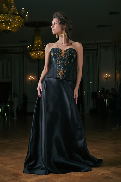"Golden Iris" Luxury Art Corset • Full Bust & Slim Waist • Hand-painted baroque print, premium tailoring