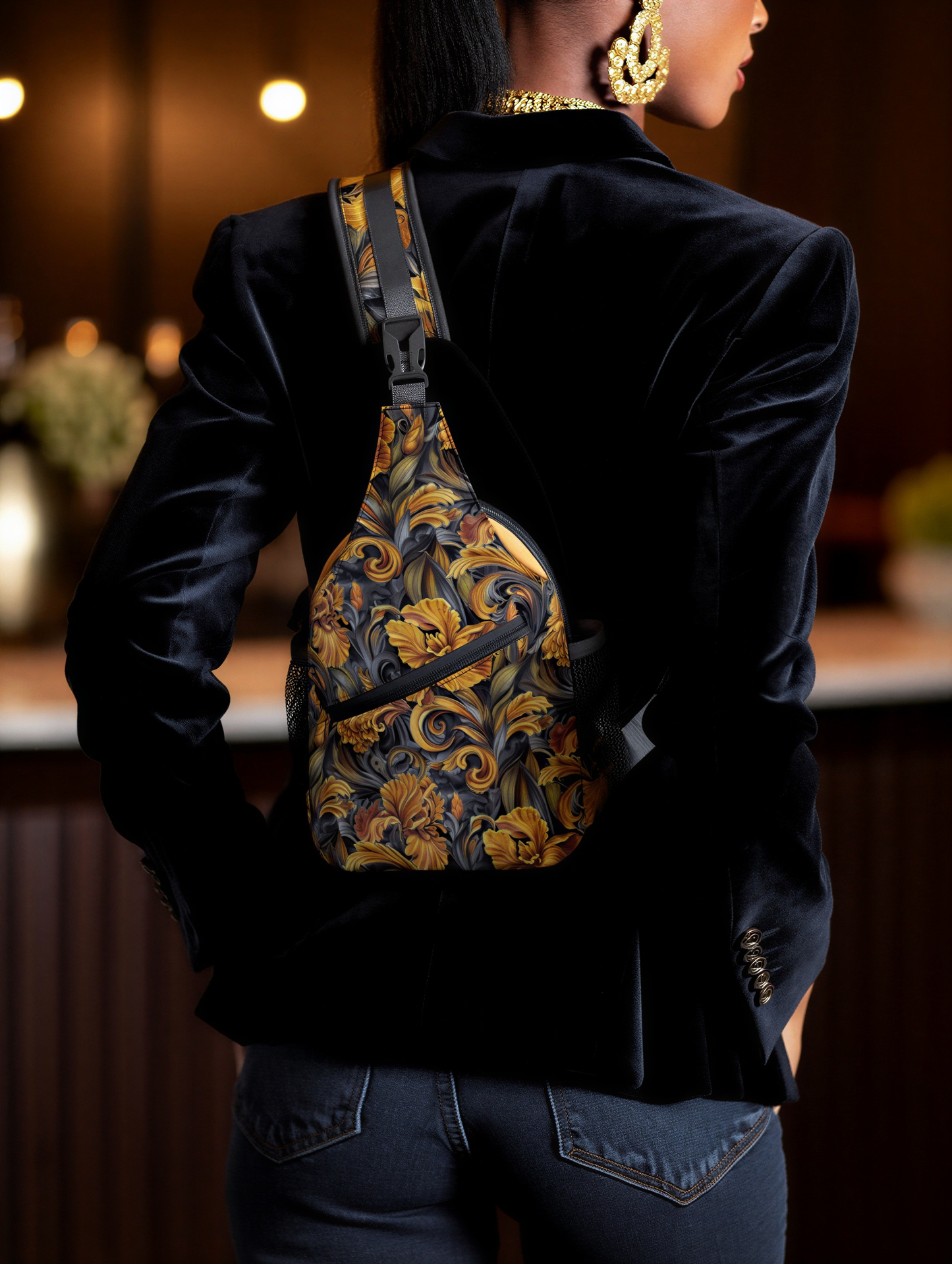 Golden Iris Luxury Pattern Sling Bag - Stylish Unisex Cross-body for Everyday & Travel