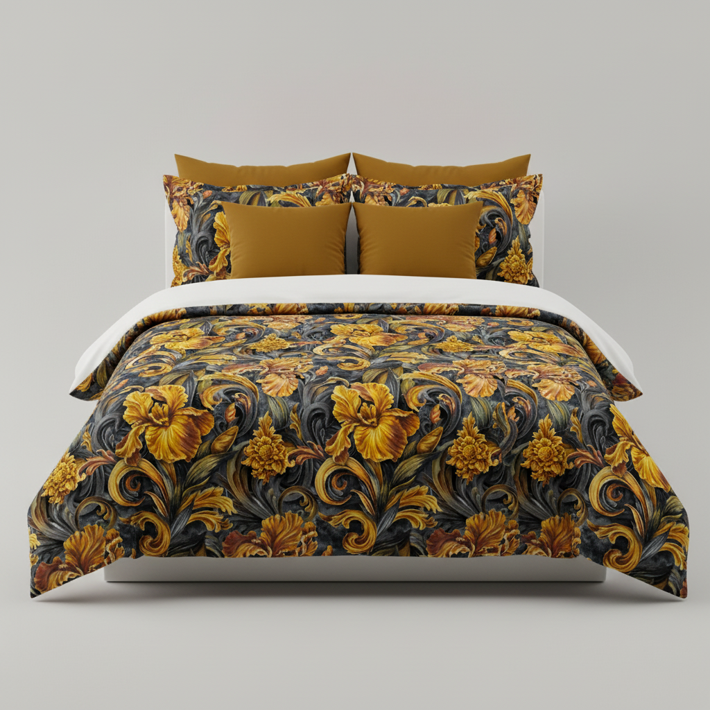 Golden Iris — Luxury Seamless Pattern for Wallpaper, Textile & Apparel | Hand-painted Premium Design