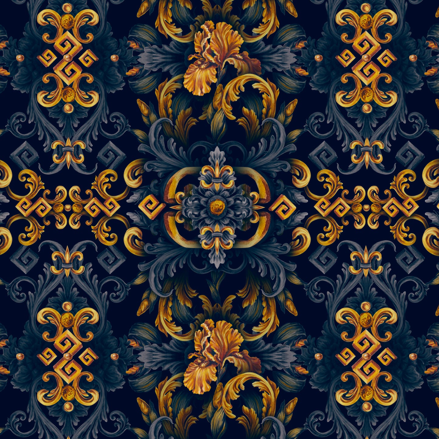 Golden Iris Elegy — Luxury Seamless Pattern for Wallpaper, Textile & Apparel | Hand-painted Premium Design