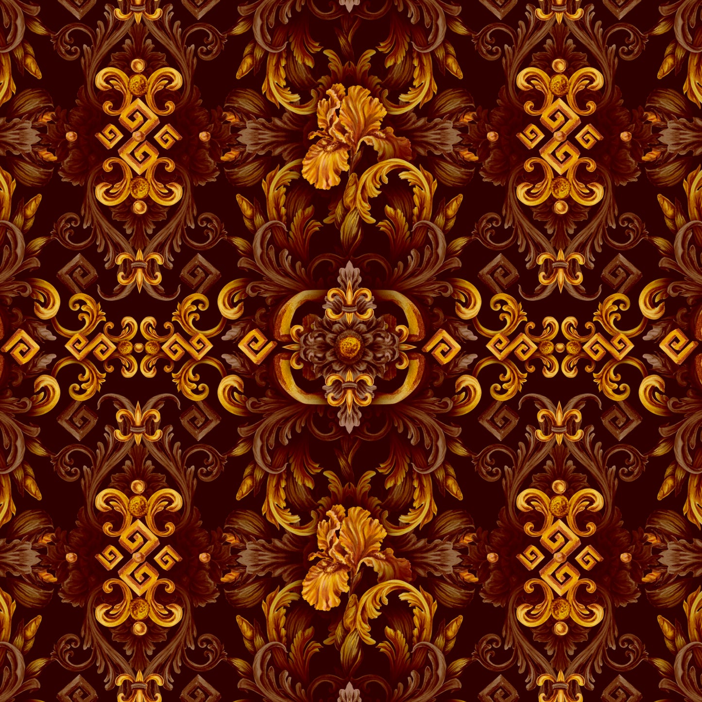 Golden Iris Elegy — Luxury Seamless Pattern for Wallpaper, Textile & Apparel | Hand-painted Premium Design
